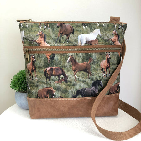 Tan Canvas and Genuine Leather Crossbody Bag with Wild Horses