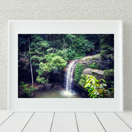 Serene Waterfall Nature Print , Tranquil Forest Landscape Wall Art