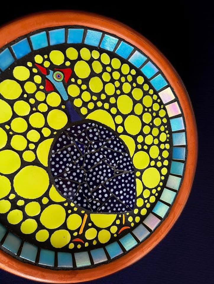 Mosaic Bee Bath. Guinea Fowl.