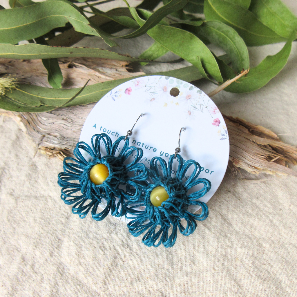 Ocean Bloom | Blue Handmade Flower Earrings with Choice of Gemstone | Woven Bloom Tales Collection