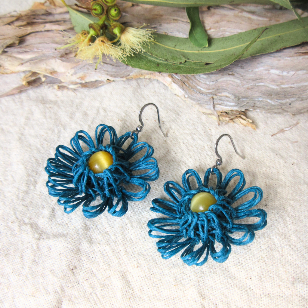 Ocean Bloom | Blue Handmade Flower Earrings with Choice of Gemstone | Woven Bloom Tales Collection