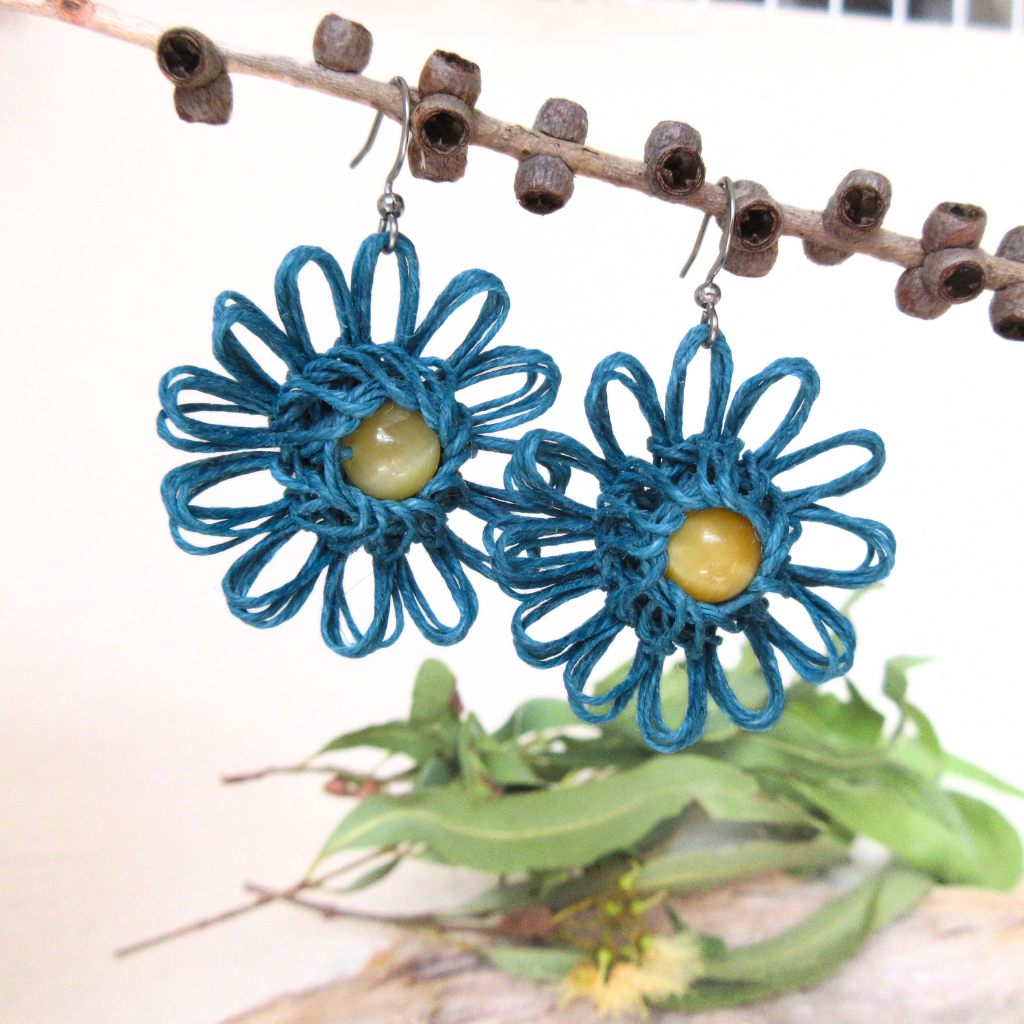 Ocean Bloom | Blue Handmade Flower Earrings with Choice of Gemstone | Woven Bloom Tales Collection