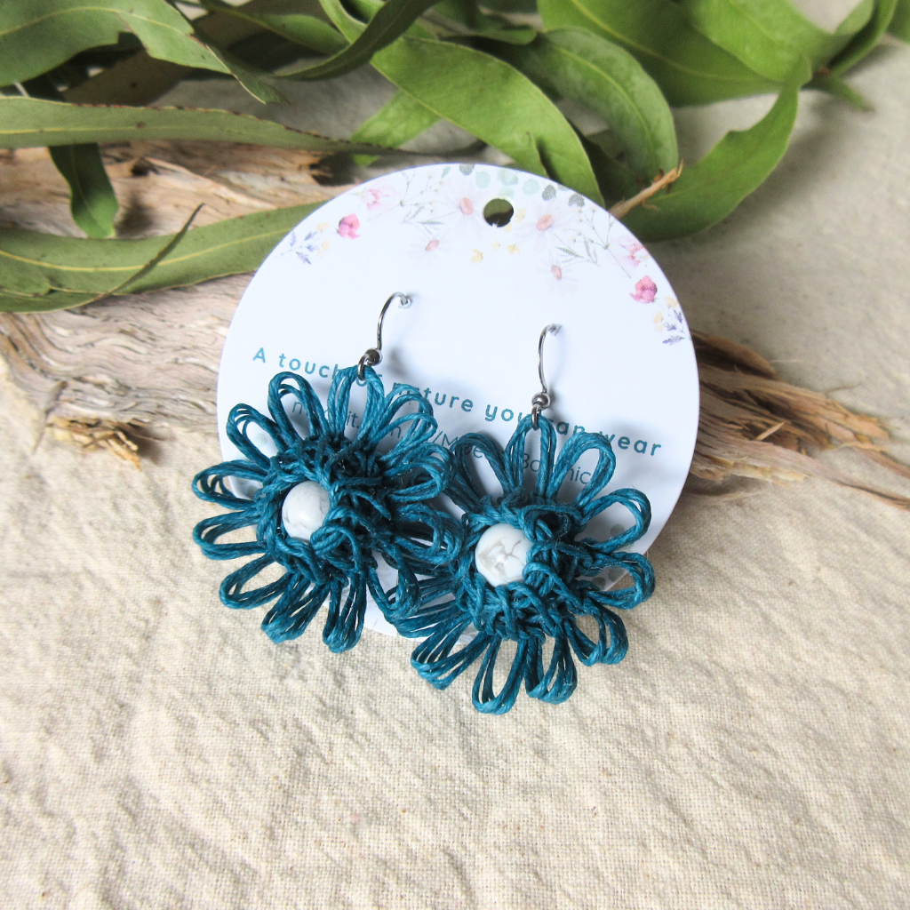Ocean Bloom | Blue Handmade Flower Earrings with Choice of Gemstone | Woven Bloom Tales Collection