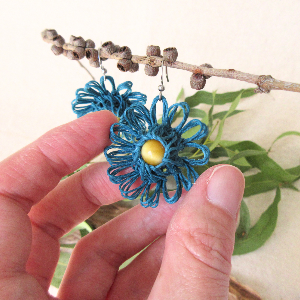 Ocean Bloom | Blue Handmade Flower Earrings with Choice of Gemstone | Woven Bloom Tales Collection