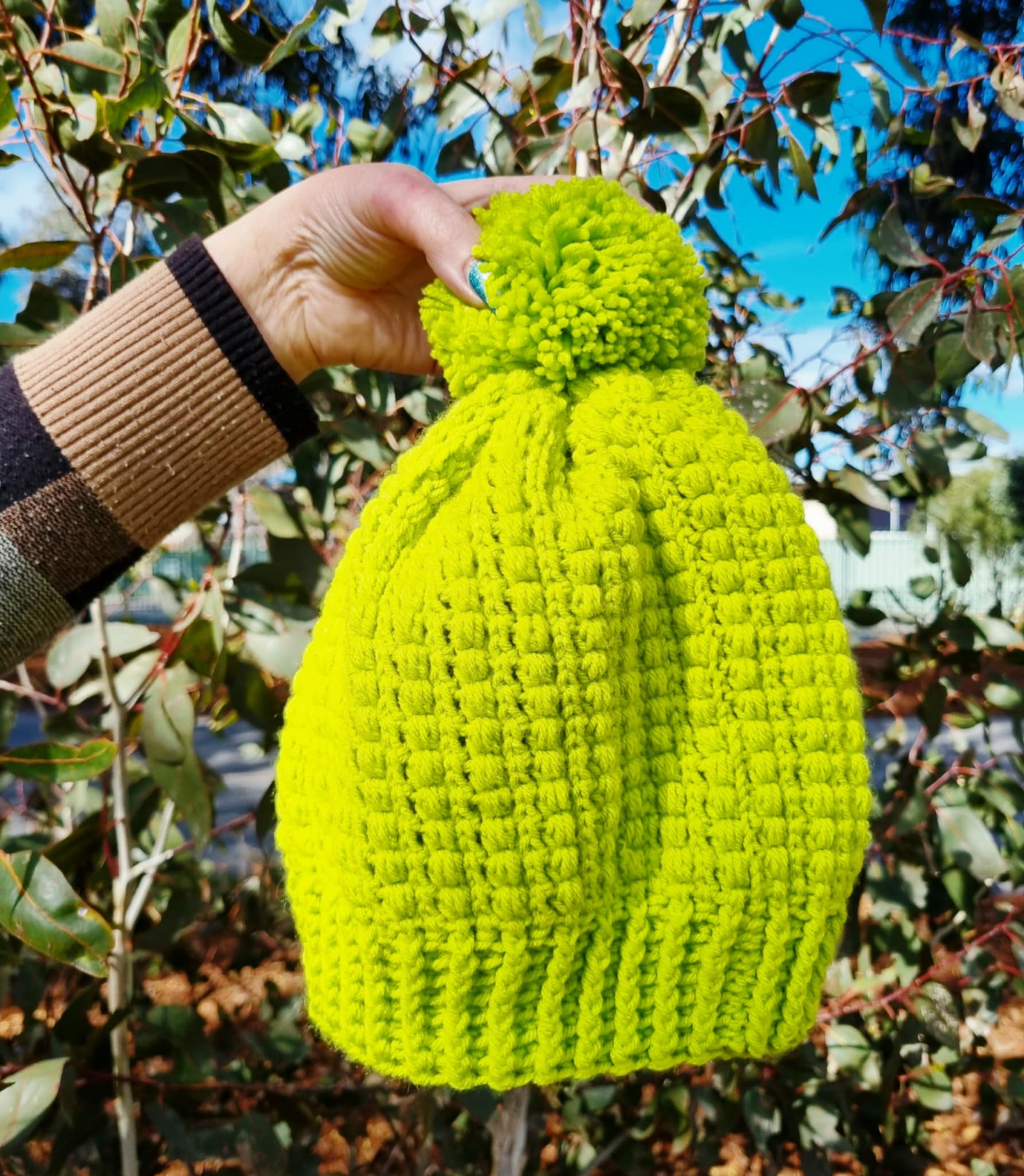 Handmade Crochet Child Beanie | Lime Green | PomPom