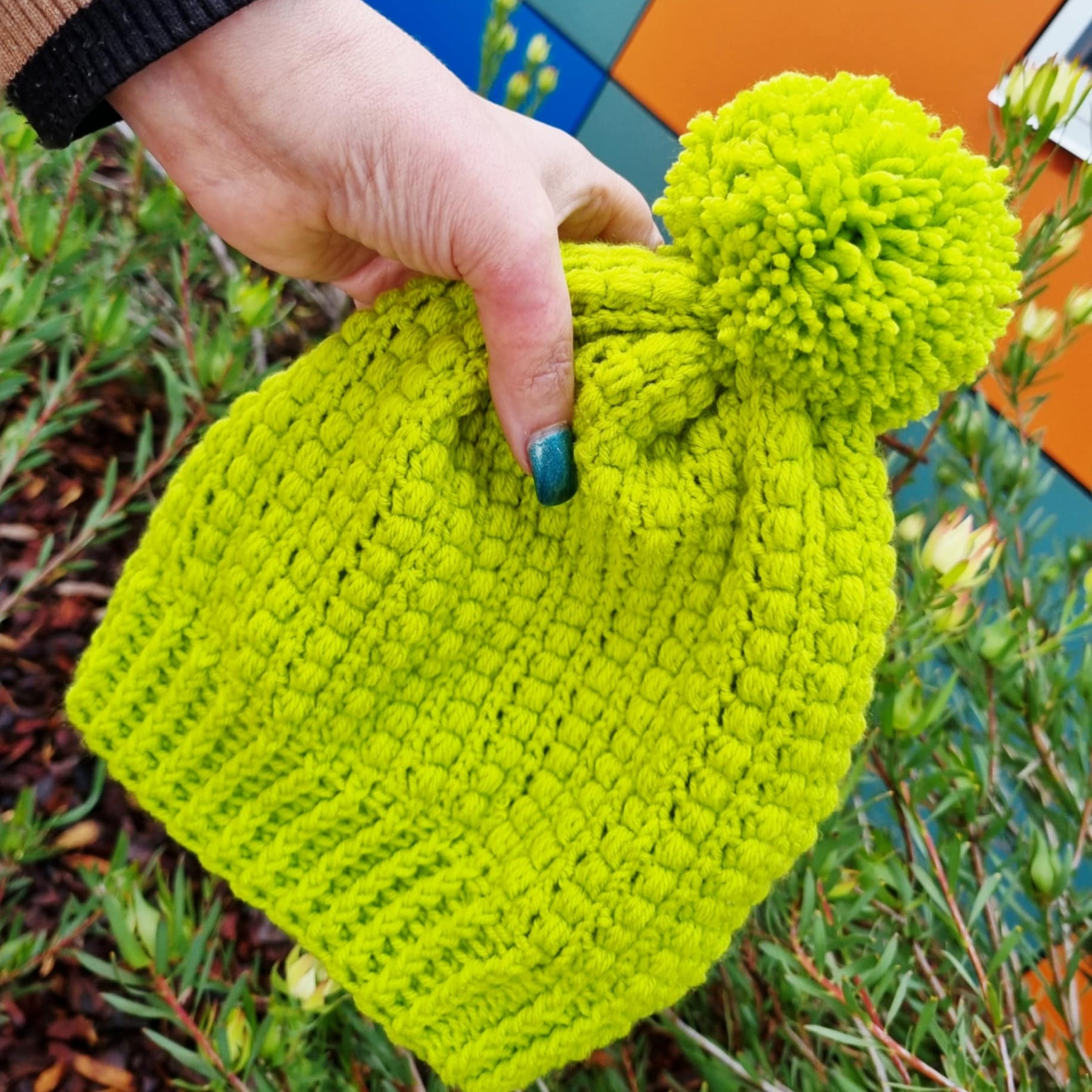 Handmade Crochet Child Beanie | Lime Green | PomPom