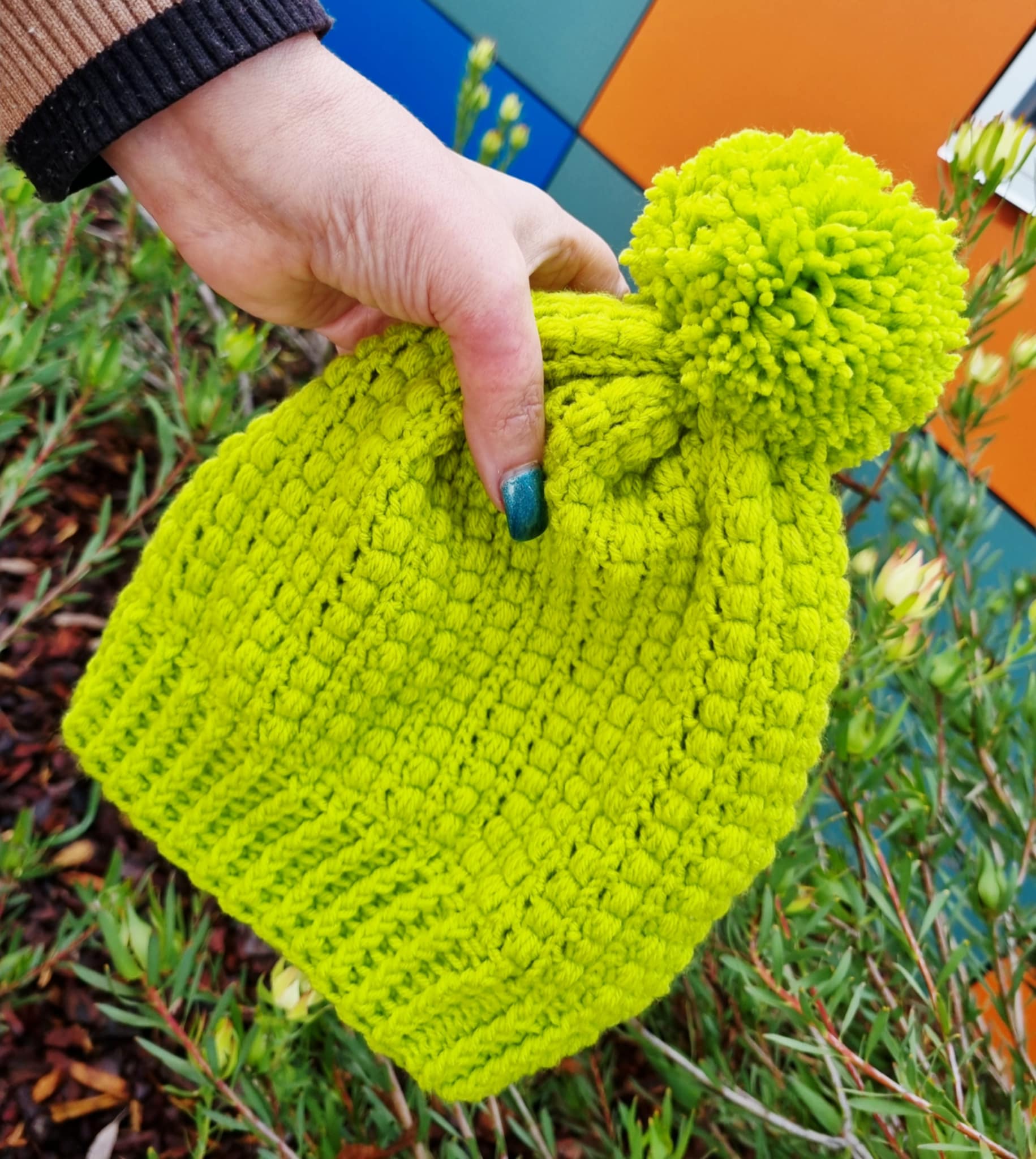 Handmade Crochet Child Beanie | Lime Green | PomPom