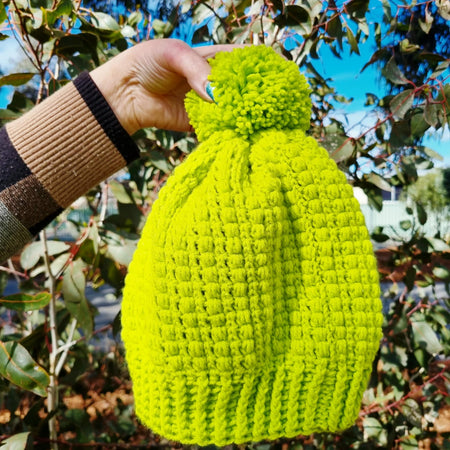 Handmade Crochet Child Beanie | Lime Green | PomPom