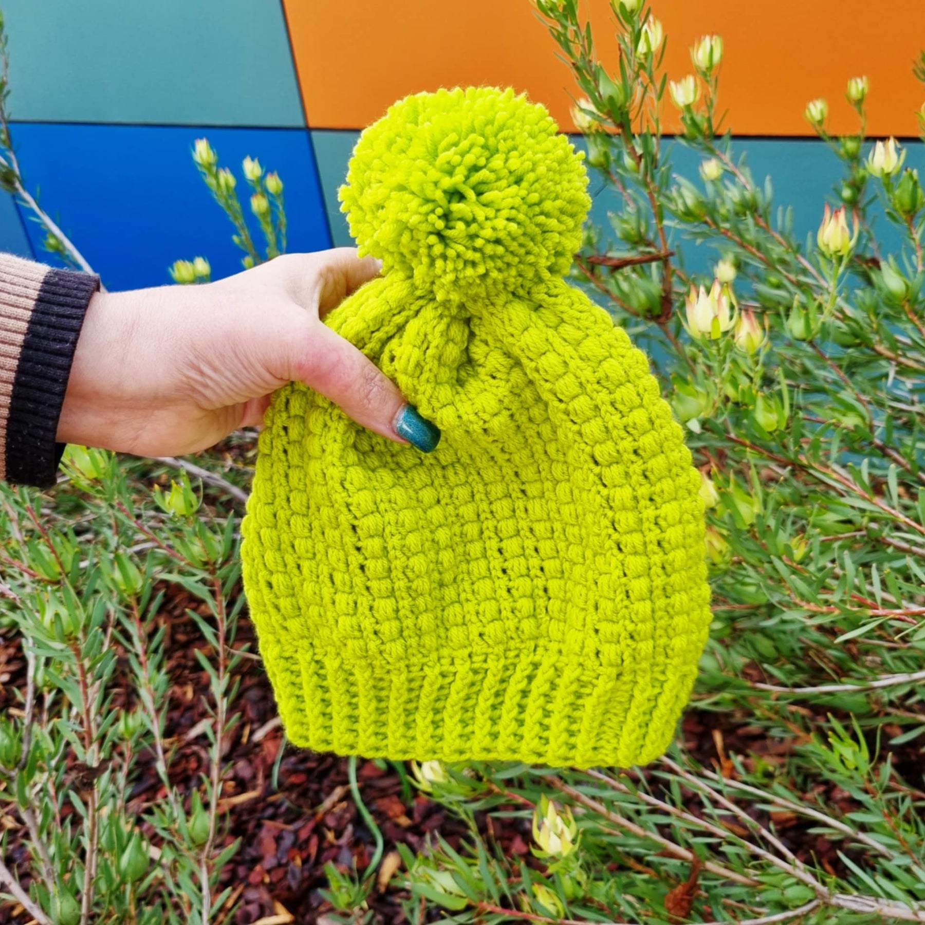 Handmade Crochet Child Beanie | Lime Green | PomPom