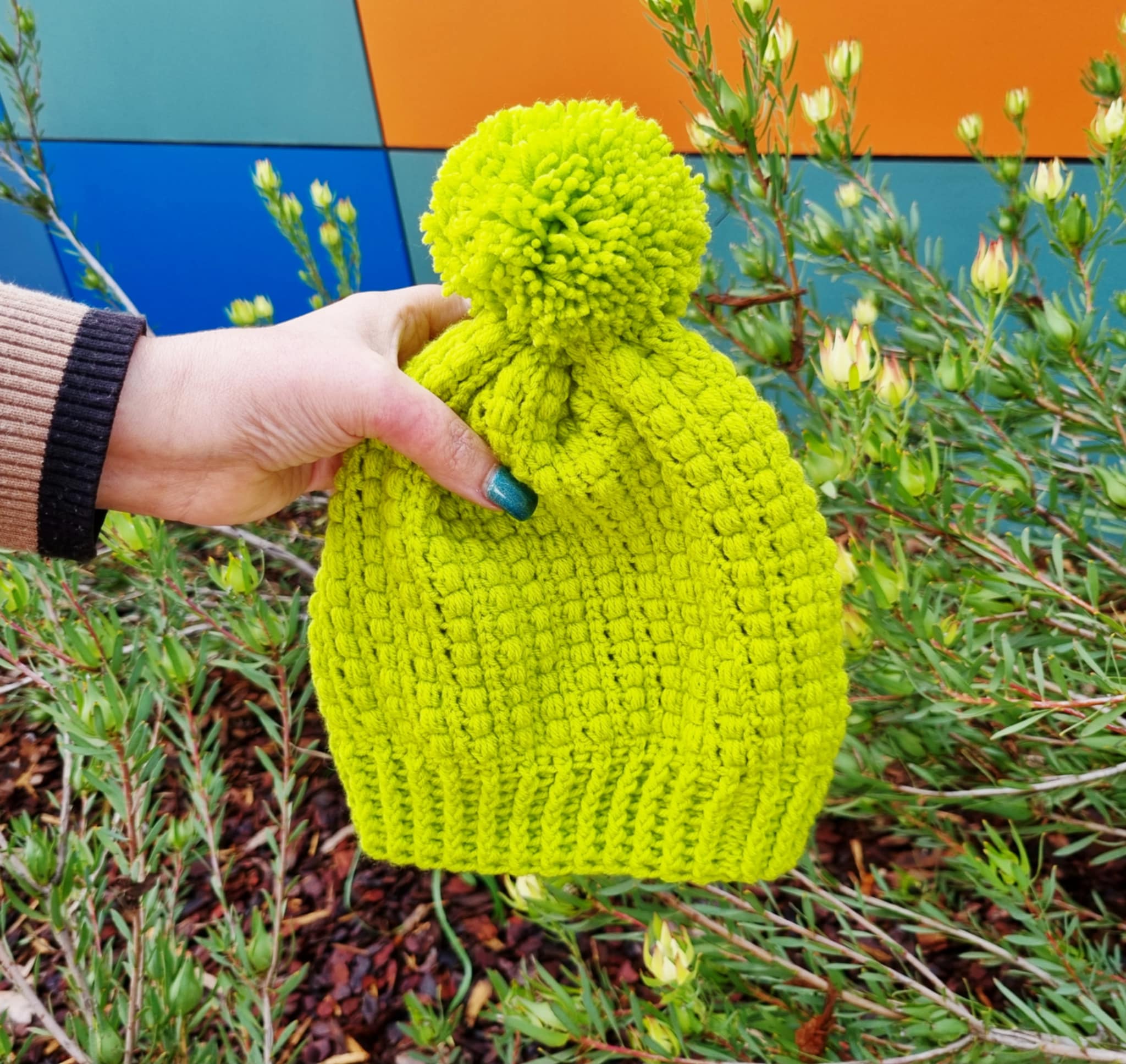 Handmade Crochet Child Beanie | Lime Green | PomPom