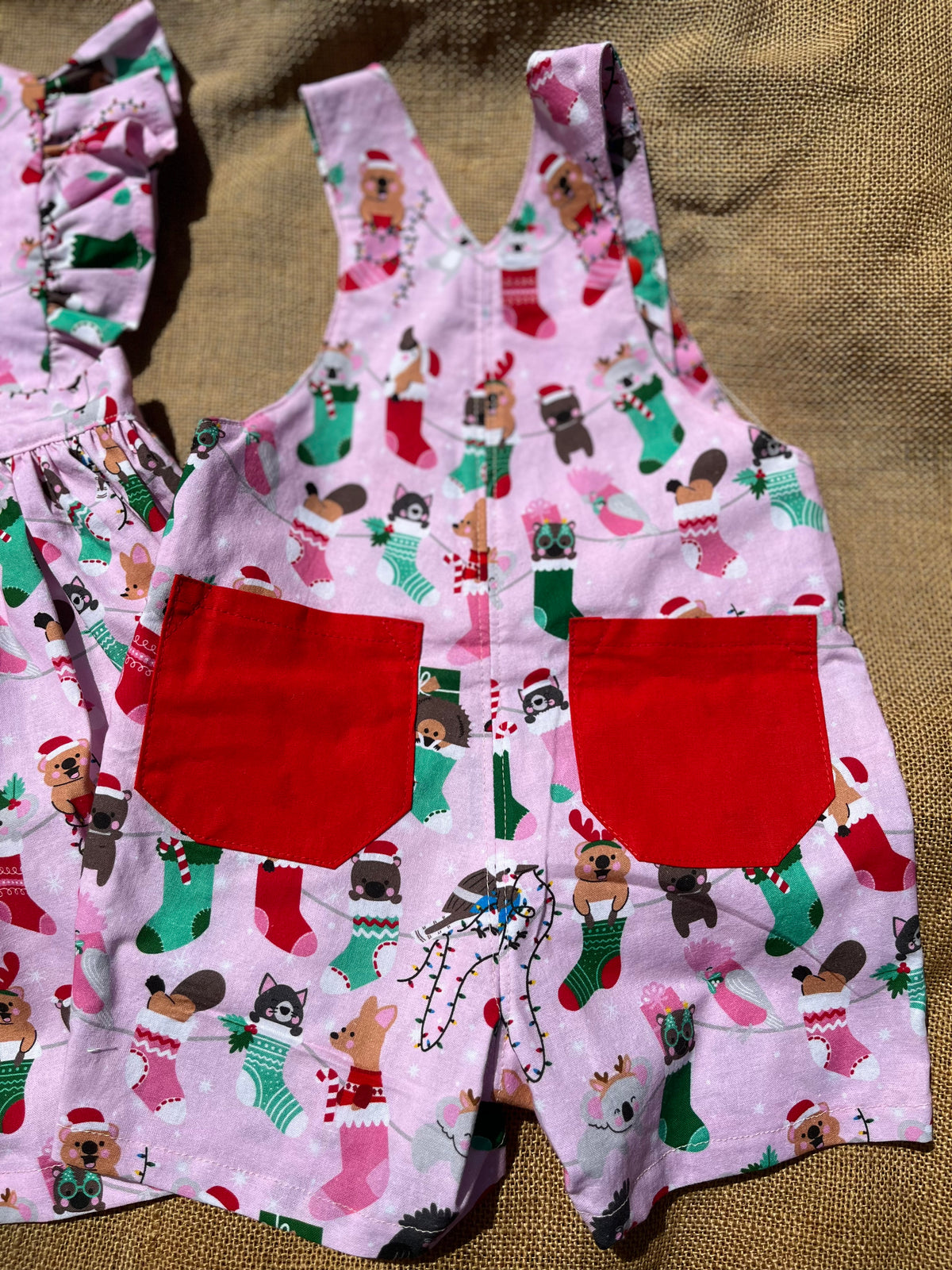 Christmas baby overalls/shorts | Aussie animals in stockings