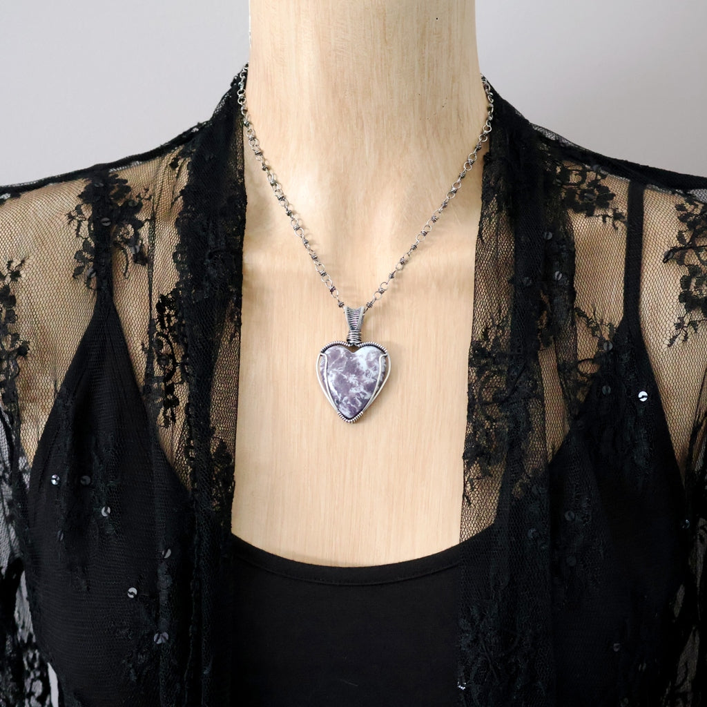 Handcrafted Lepidolite and Quartz Heart Pendant - Invites You to Slow Down