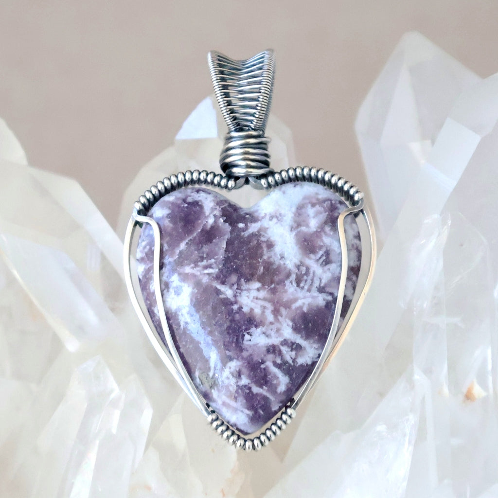 Handcrafted Lepidolite and Quartz Heart Pendant - Invites You to Slow Down