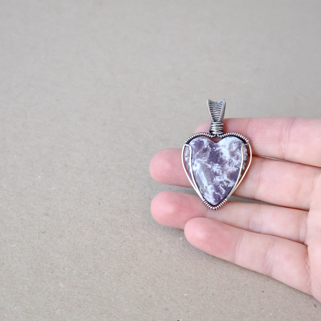 Handcrafted Lepidolite and Quartz Heart Pendant - Invites You to Slow Down