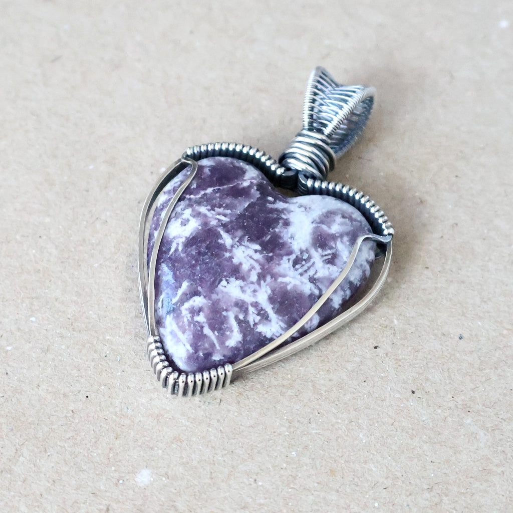 Handcrafted Lepidolite and Quartz Heart Pendant - Invites You to Slow Down