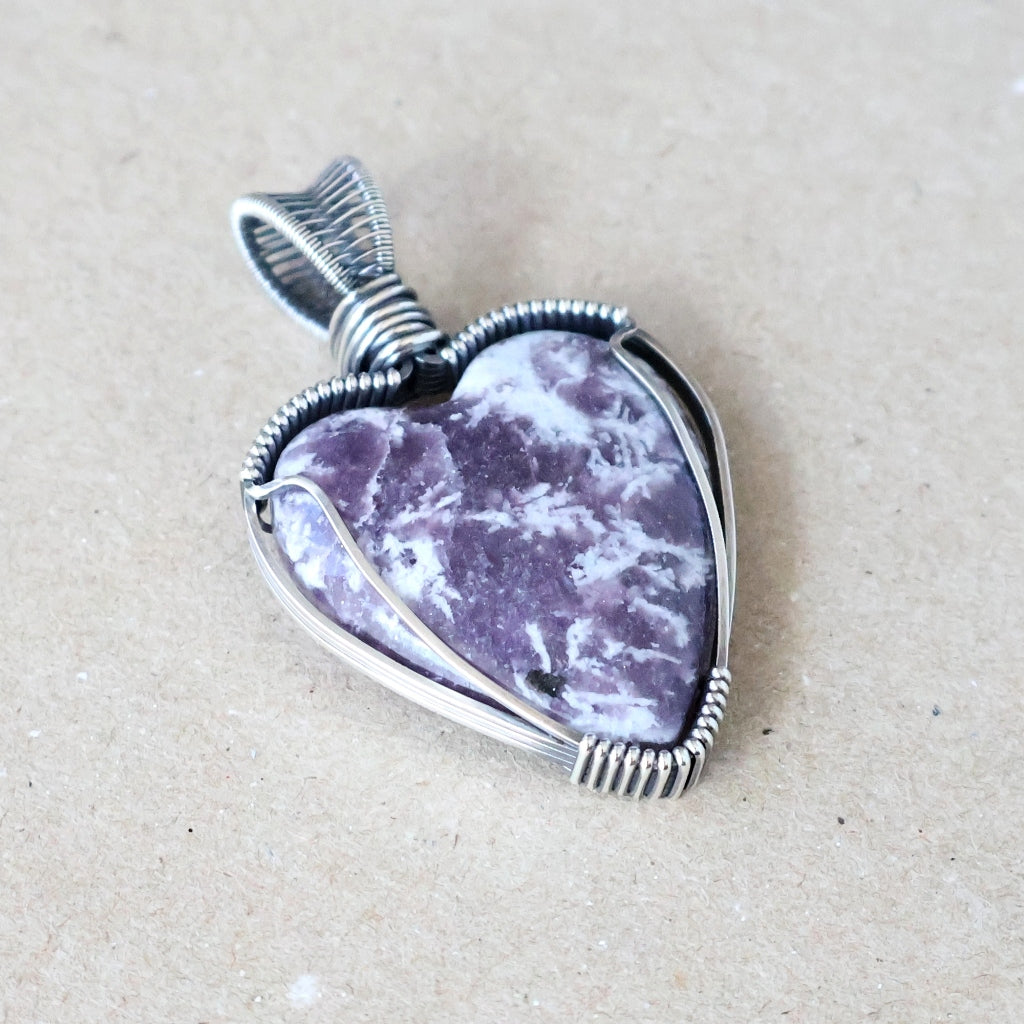 Handcrafted Lepidolite and Quartz Heart Pendant - Invites You to Slow Down