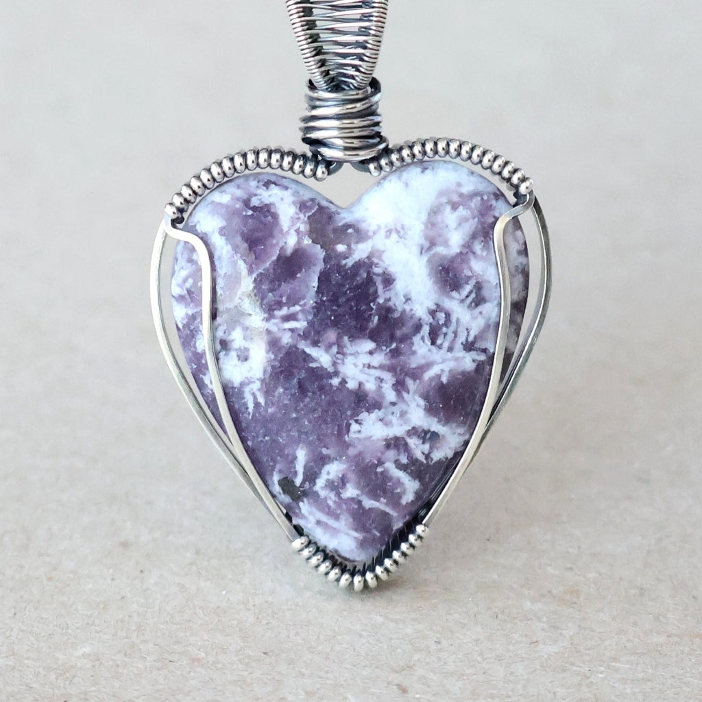 Handcrafted Lepidolite and Quartz Heart Pendant - Invites You to Slow Down