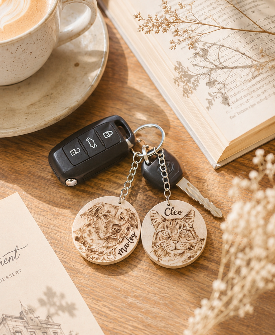 Custom Pet Portrait Key Ring – Handmade Pyrography on Wood