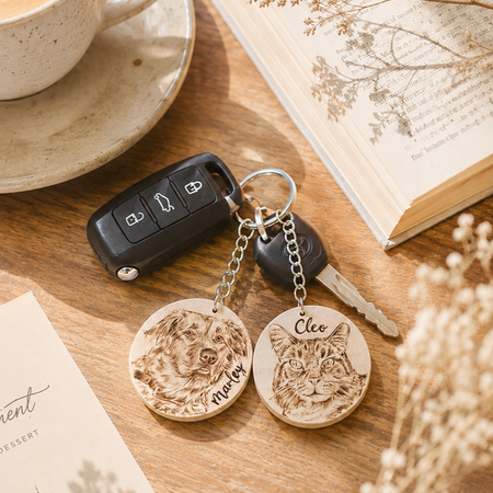 Custom Pet Portrait Key Ring – Handmade Pyrography on Wood