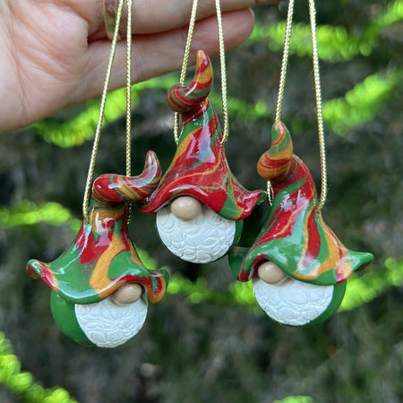 Gnome Christmas baubles trio - green, red, gold (green bottoms)