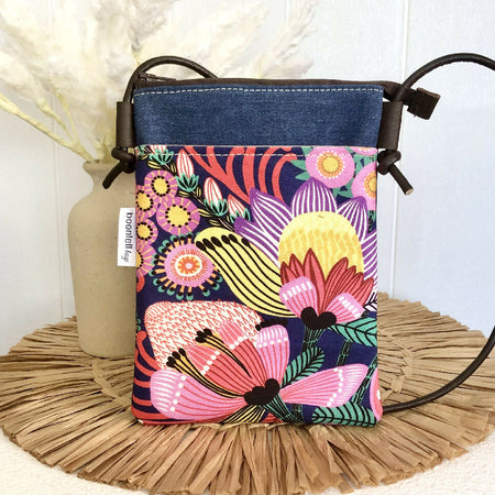 Cross Body Phone Sling Bag in Blue Canvas with Wild Protea