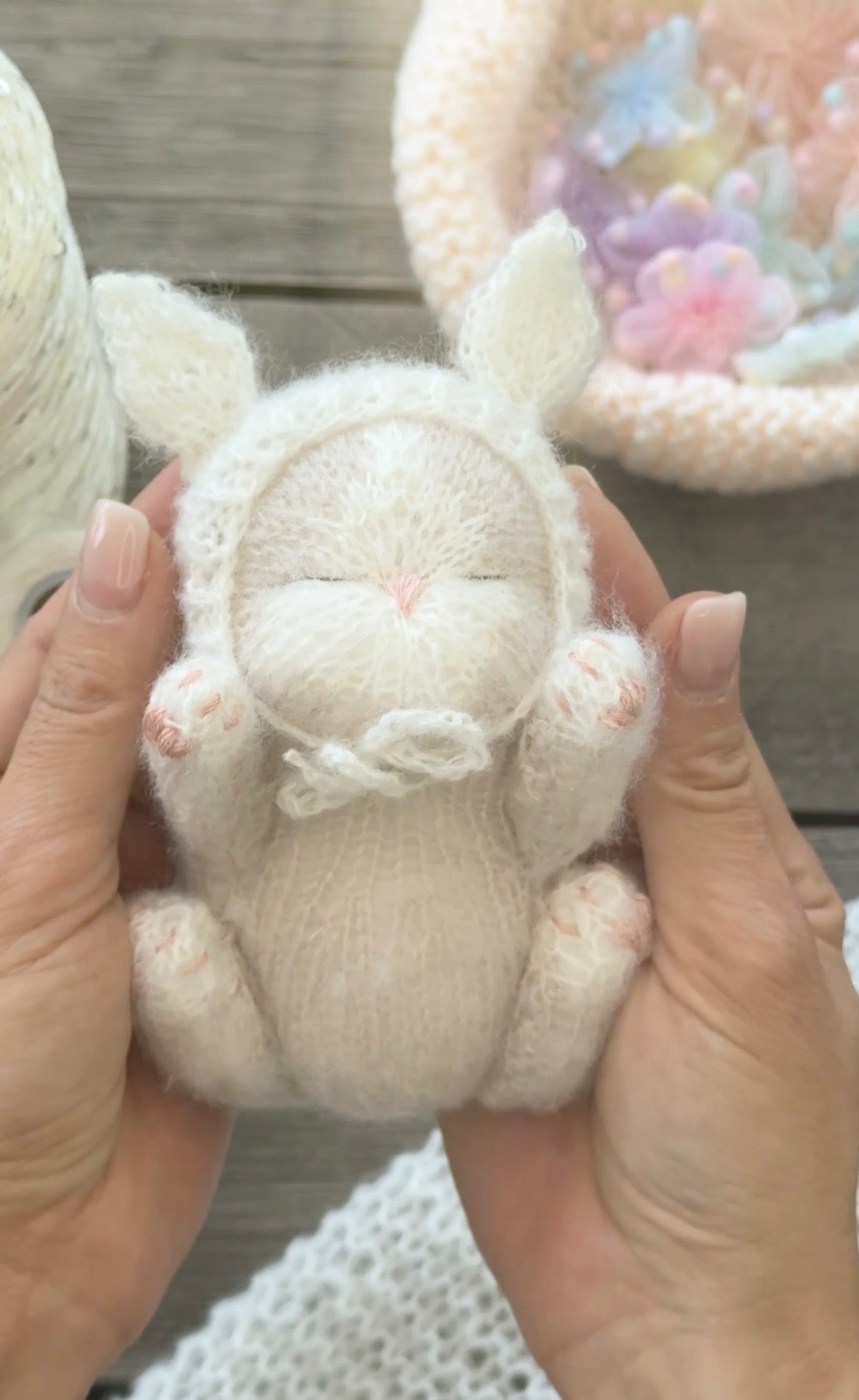 Handmade Sleeping Kitten in a Bunny Bonnet & Cozy Blanket with Butterfly Button