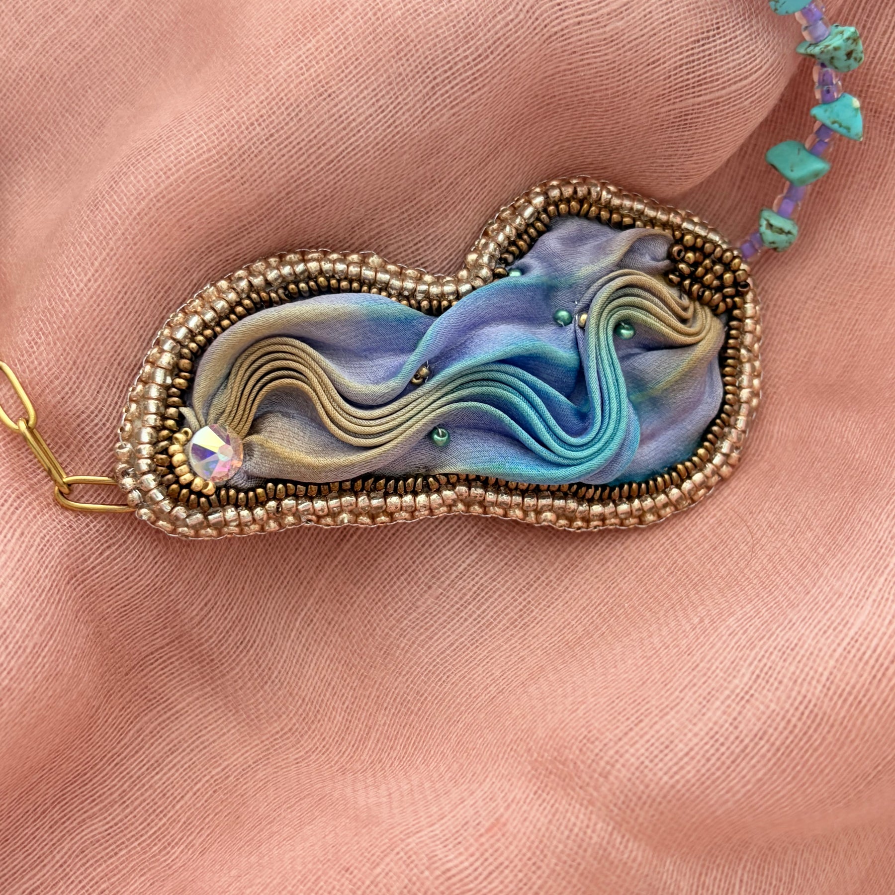 Shibori Silk Embroidered Turquoise Necklace “Water and Sky”
