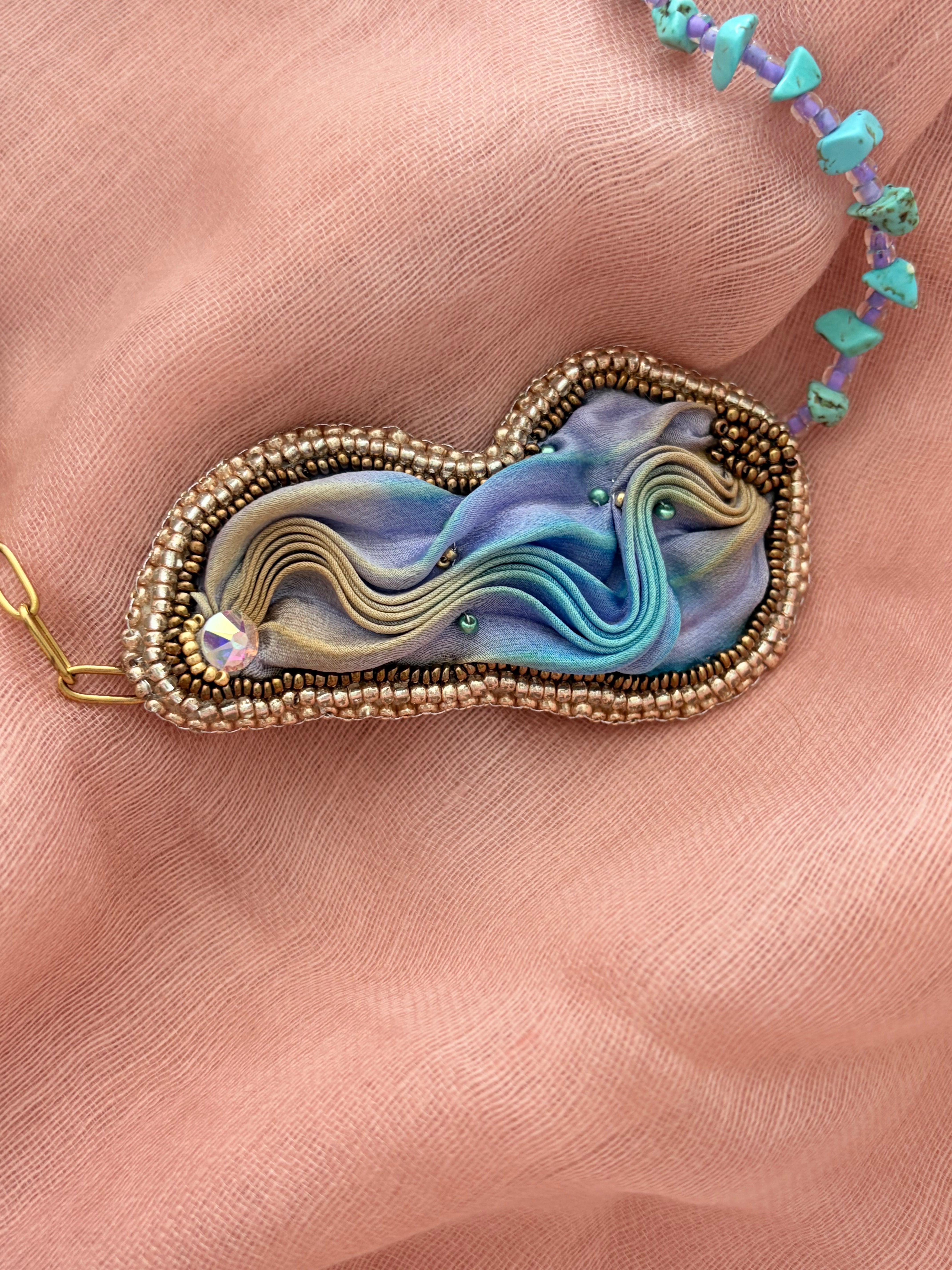 Shibori Silk Embroidered Turquoise Necklace “Water and Sky”