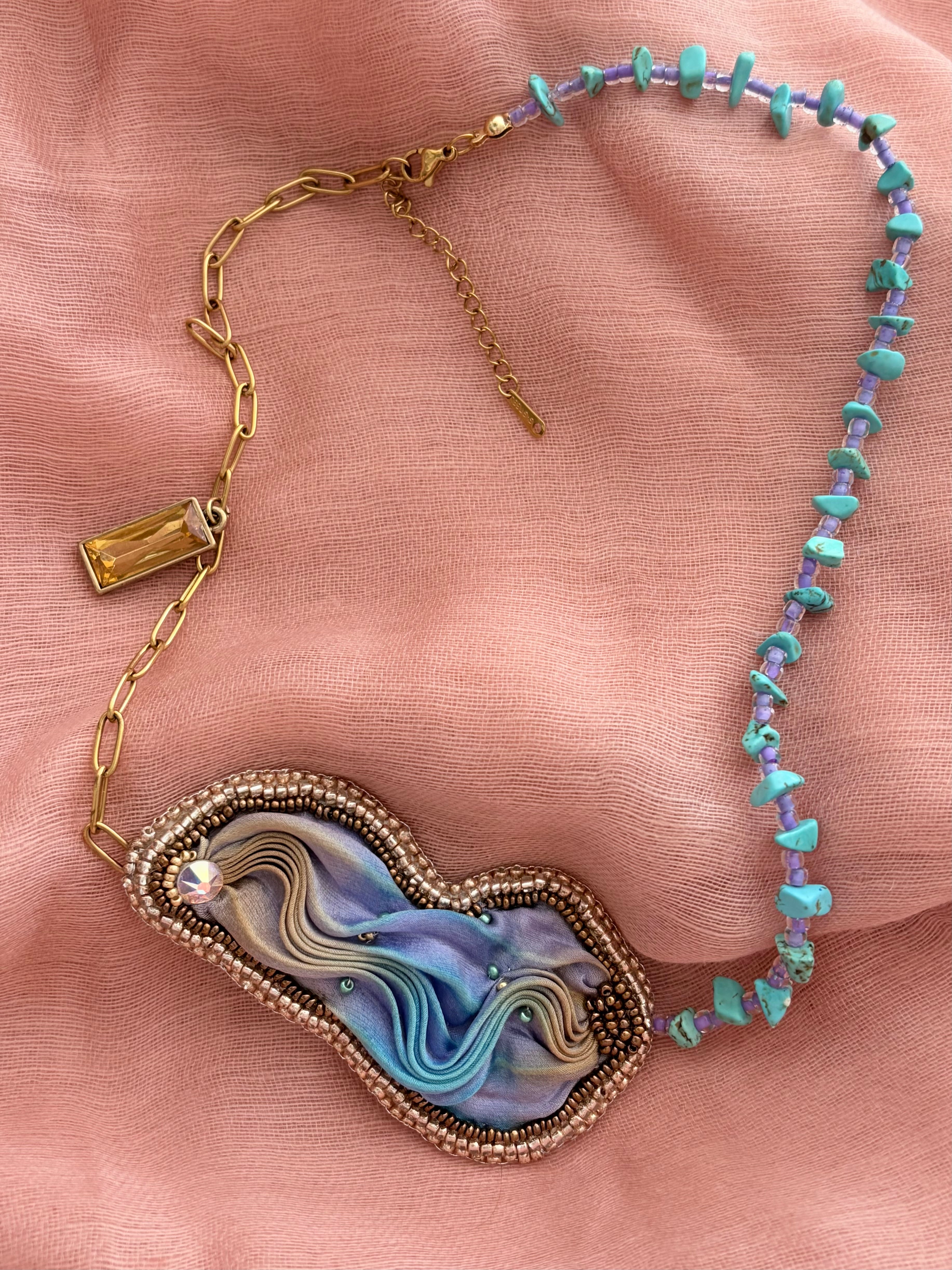 Shibori Silk Embroidered Turquoise Necklace “Water and Sky”