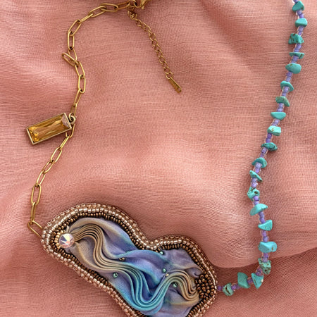 Shibori Silk Embroidered Turquoise Necklace “Water and Sky”
