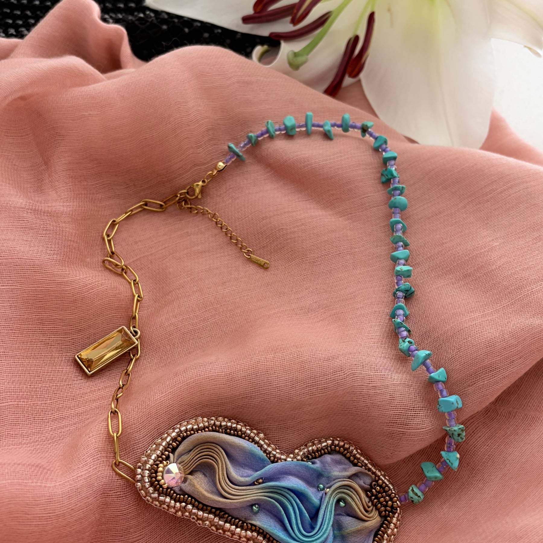 Shibori Silk Embroidered Turquoise Necklace “Water and Sky”