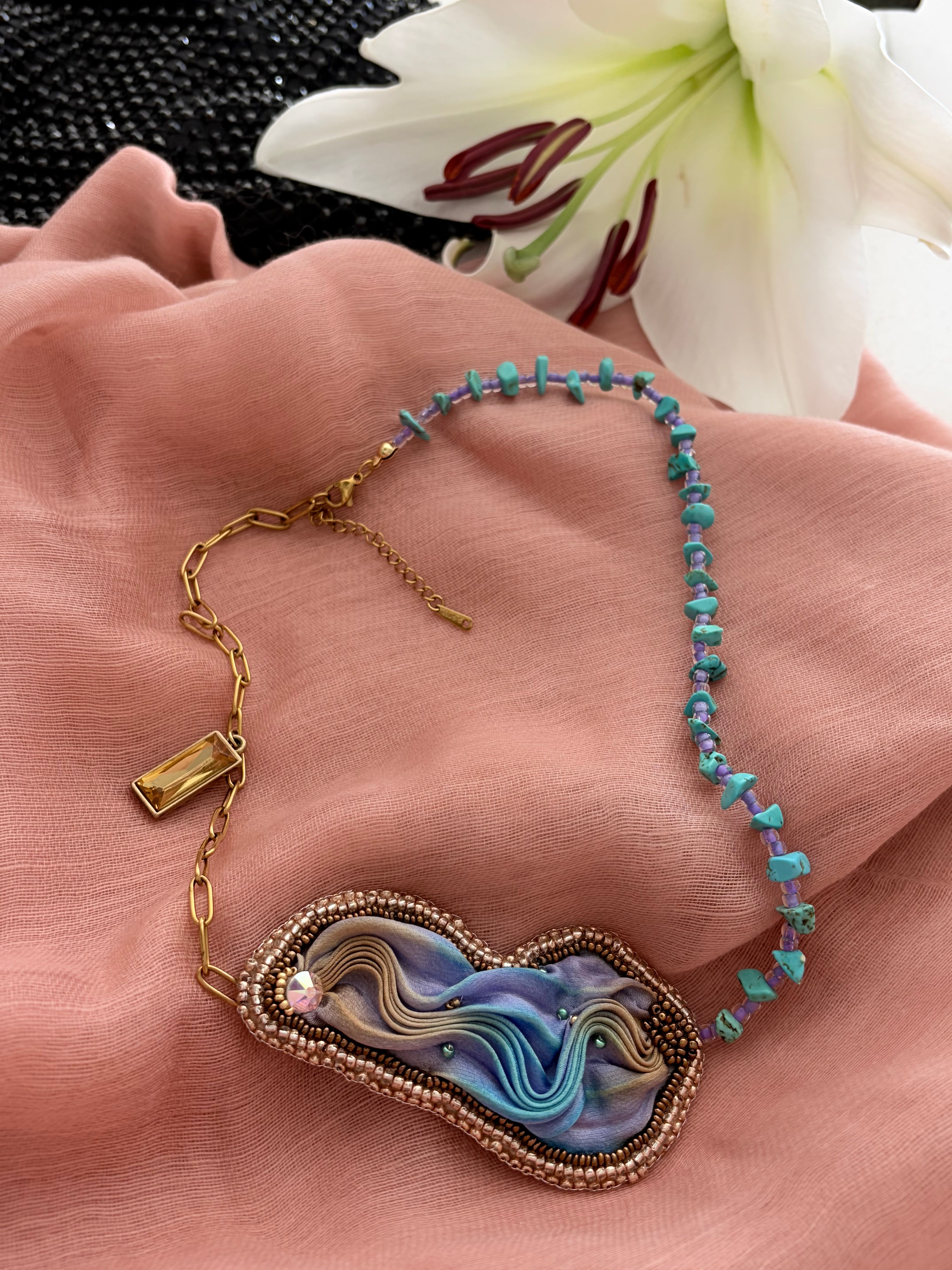 Shibori Silk Embroidered Turquoise Necklace “Water and Sky”