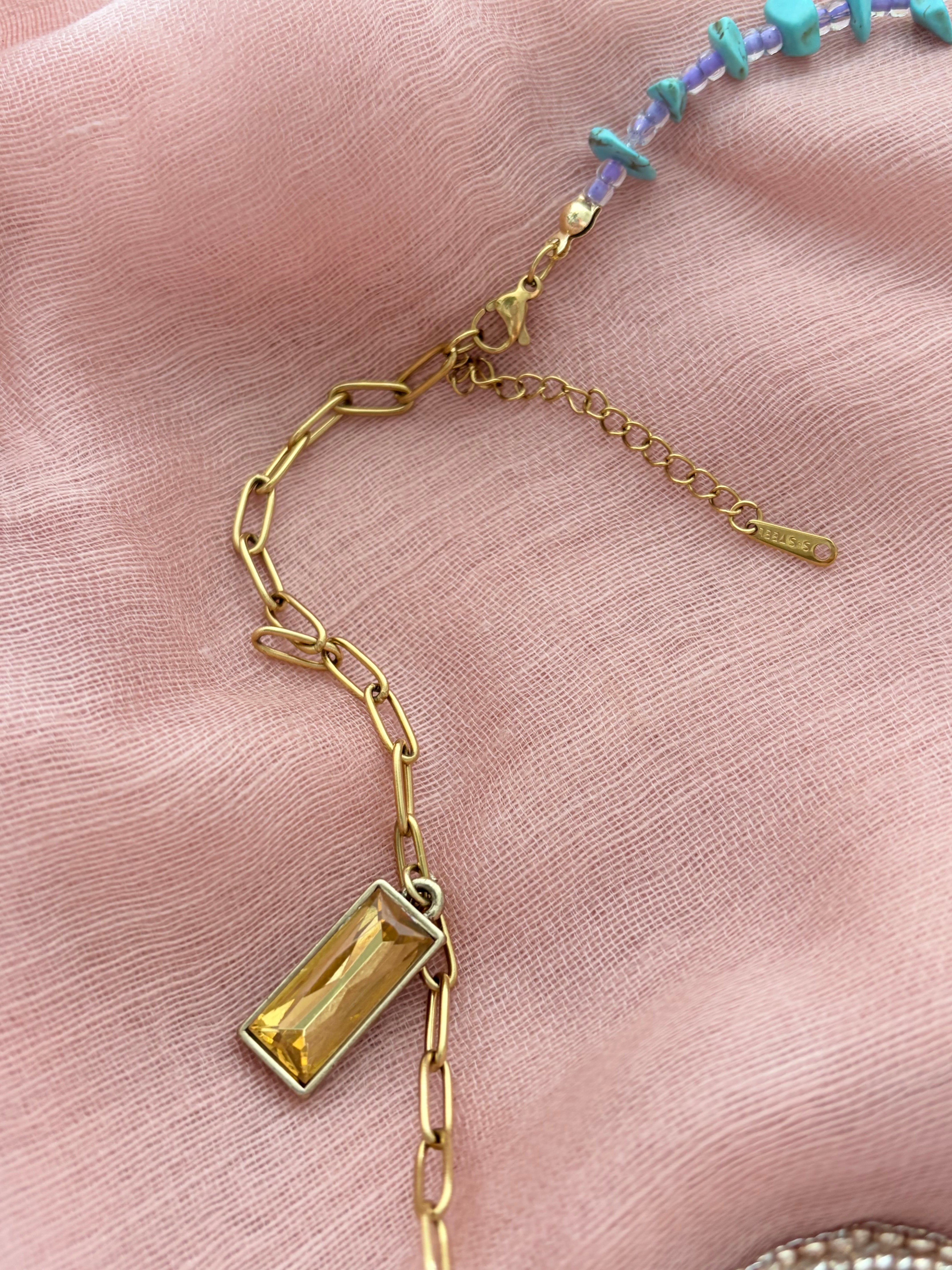 Shibori Silk Embroidered Turquoise Necklace “Water and Sky”