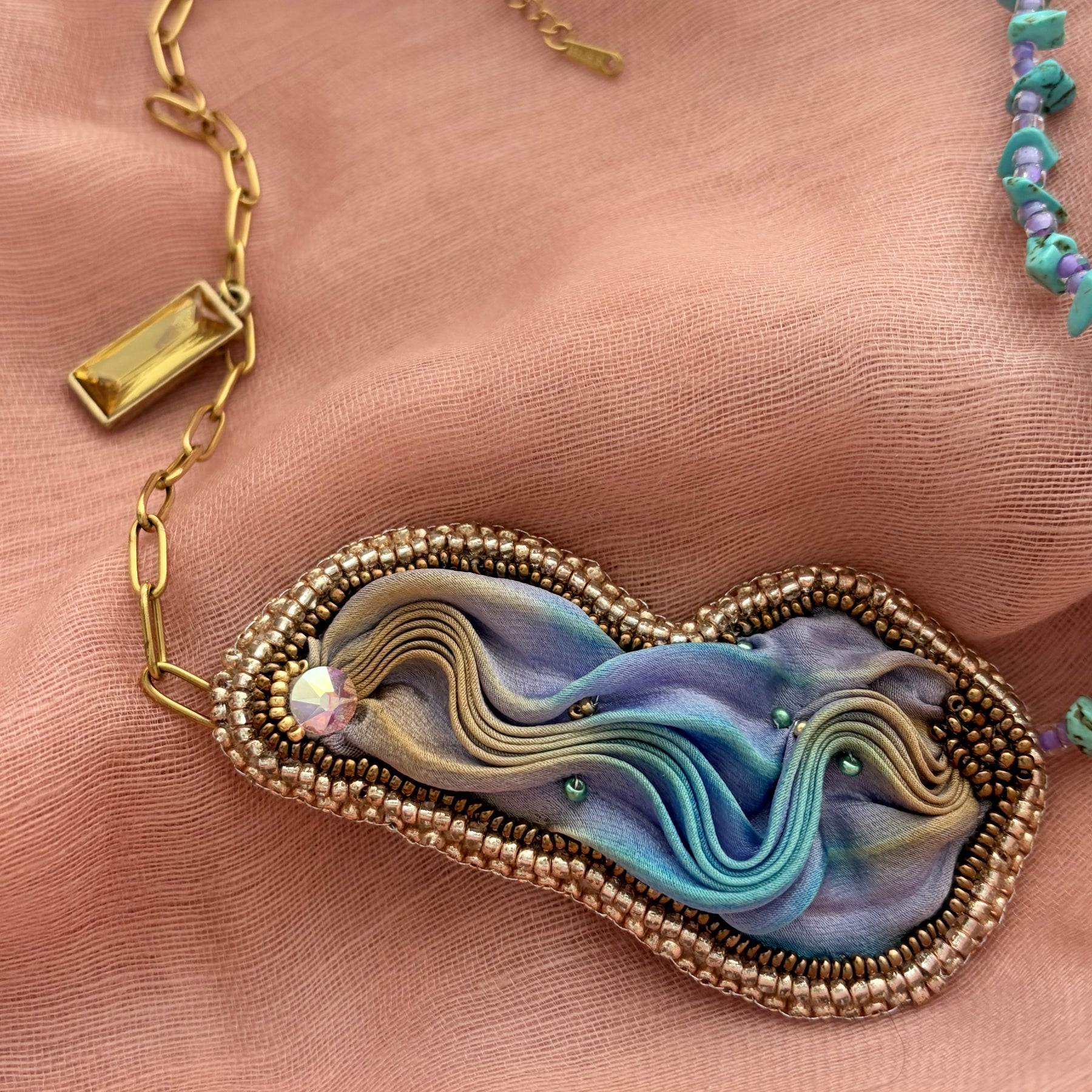 Shibori Silk Embroidered Turquoise Necklace “Water and Sky”