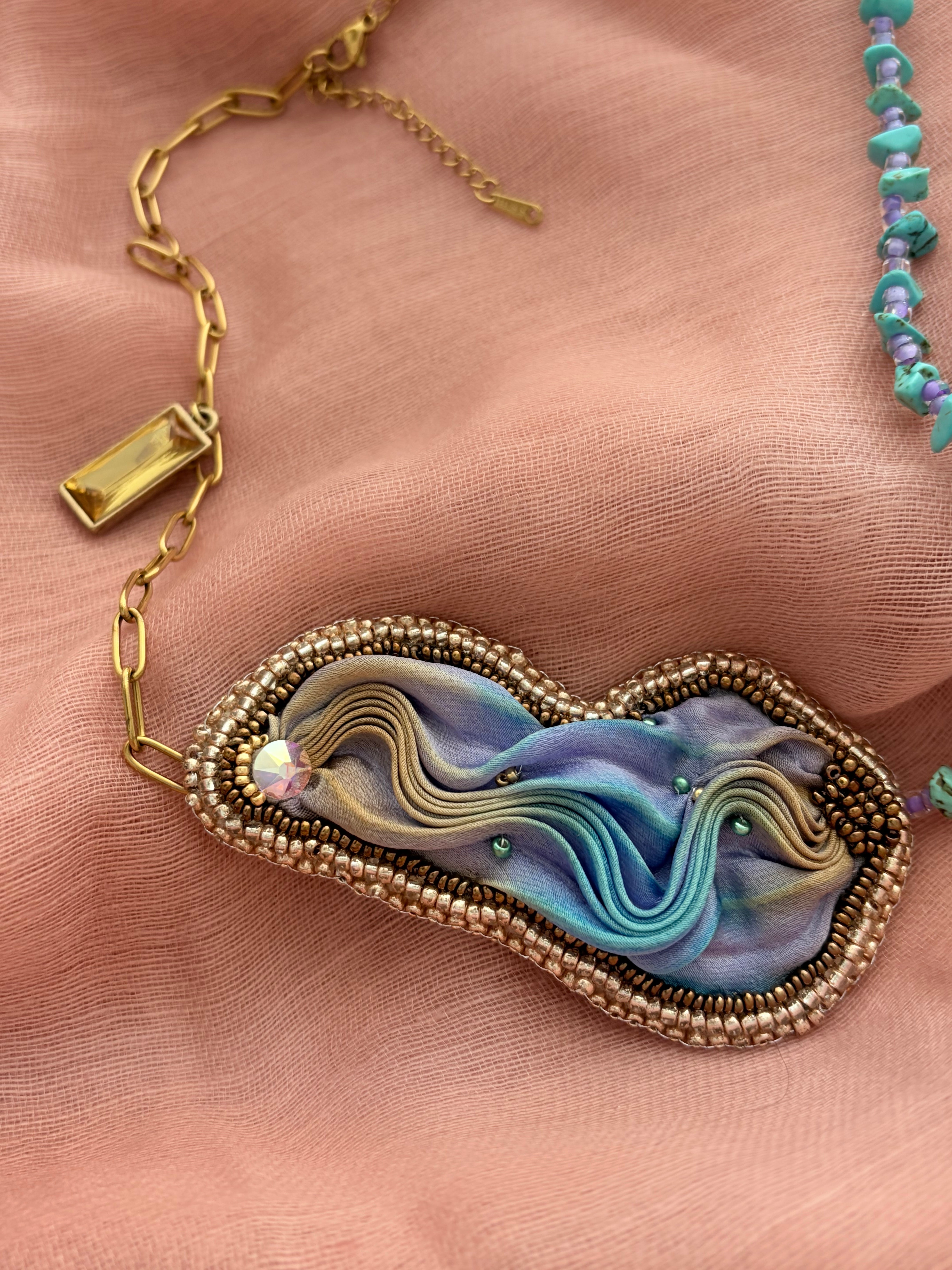 Shibori Silk Embroidered Turquoise Necklace “Water and Sky”