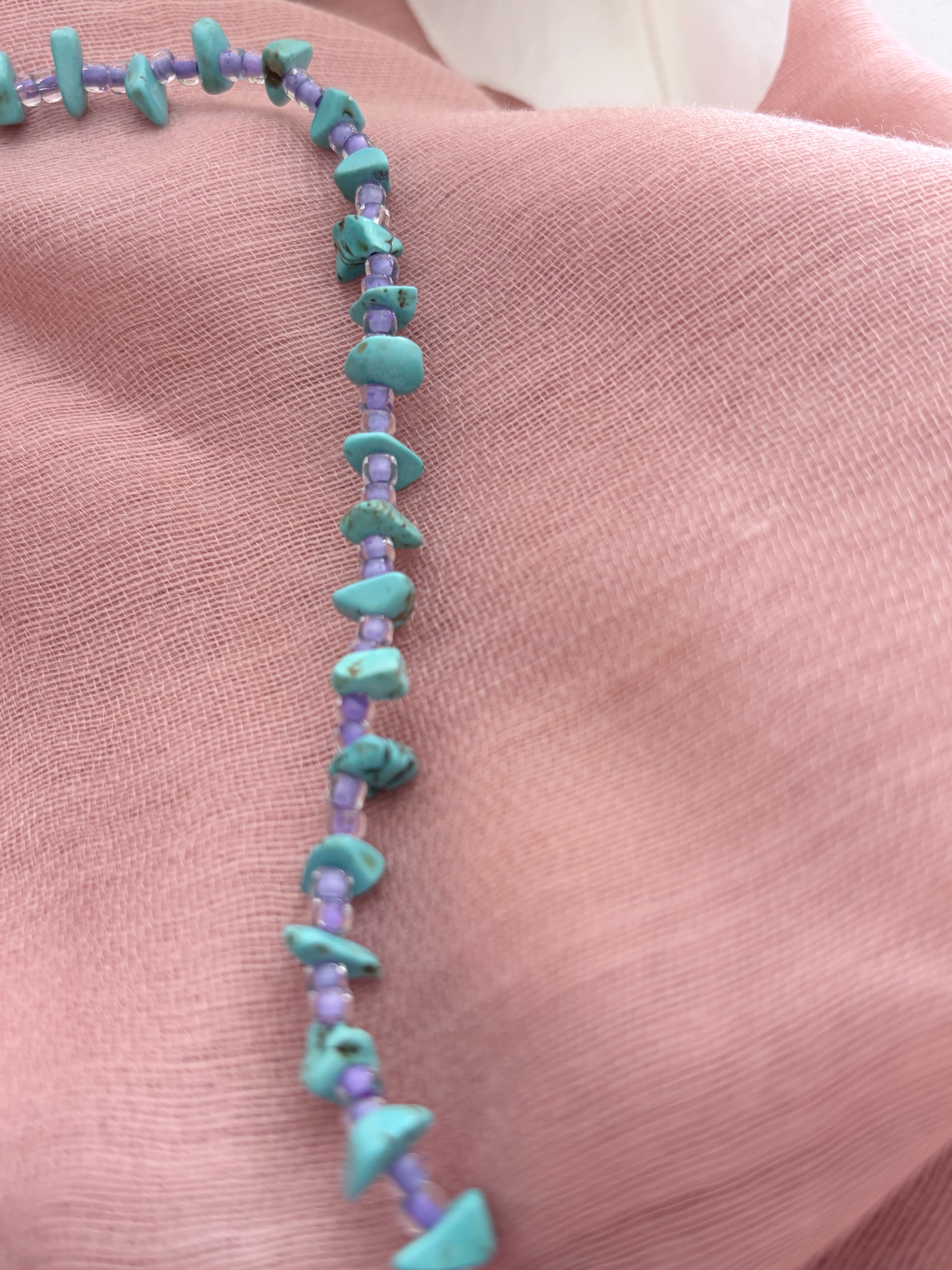Shibori Silk Embroidered Turquoise Necklace “Water and Sky”