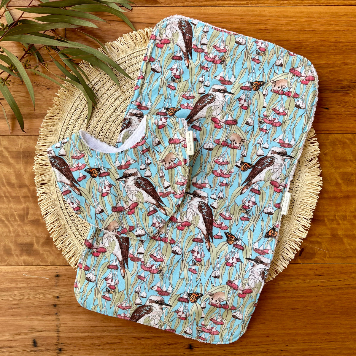 Baby Bib and Burp Cloth Set | Kookaburras and Possums | Ready to Ship