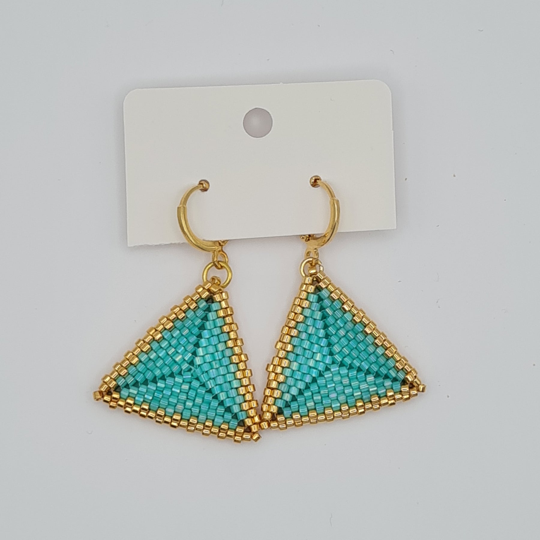 Aqua Sails Beaded Triangle Earrings – Silk Satin Delica & 24ct Gold Plated