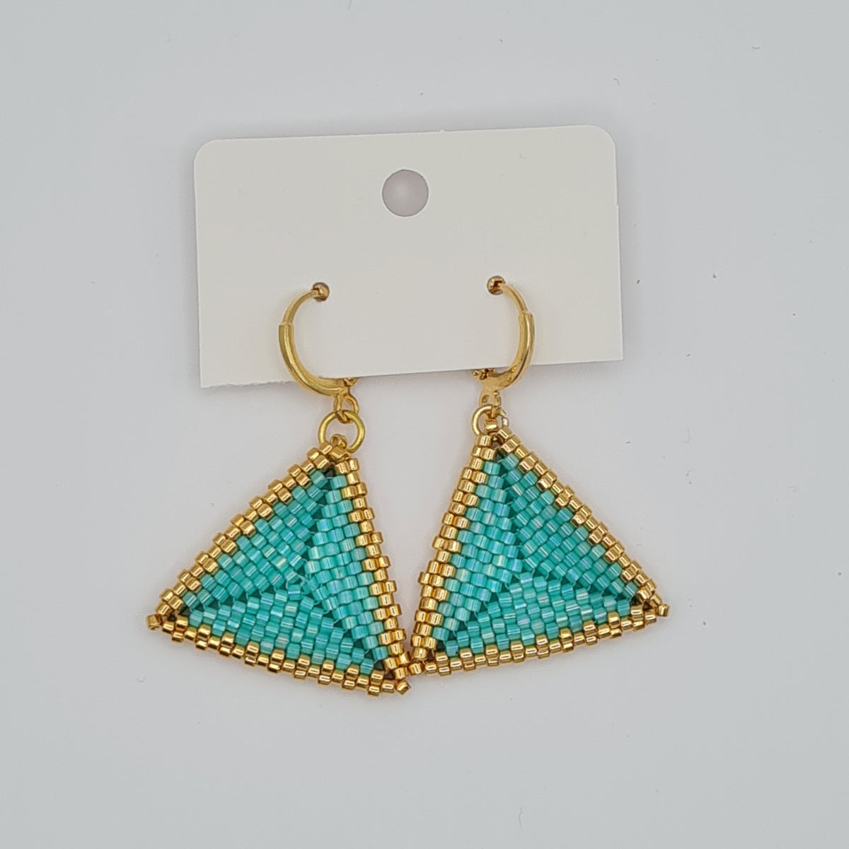 Aqua Sails Beaded Triangle Earrings – Silk Satin Delica & 24ct Gold Plated