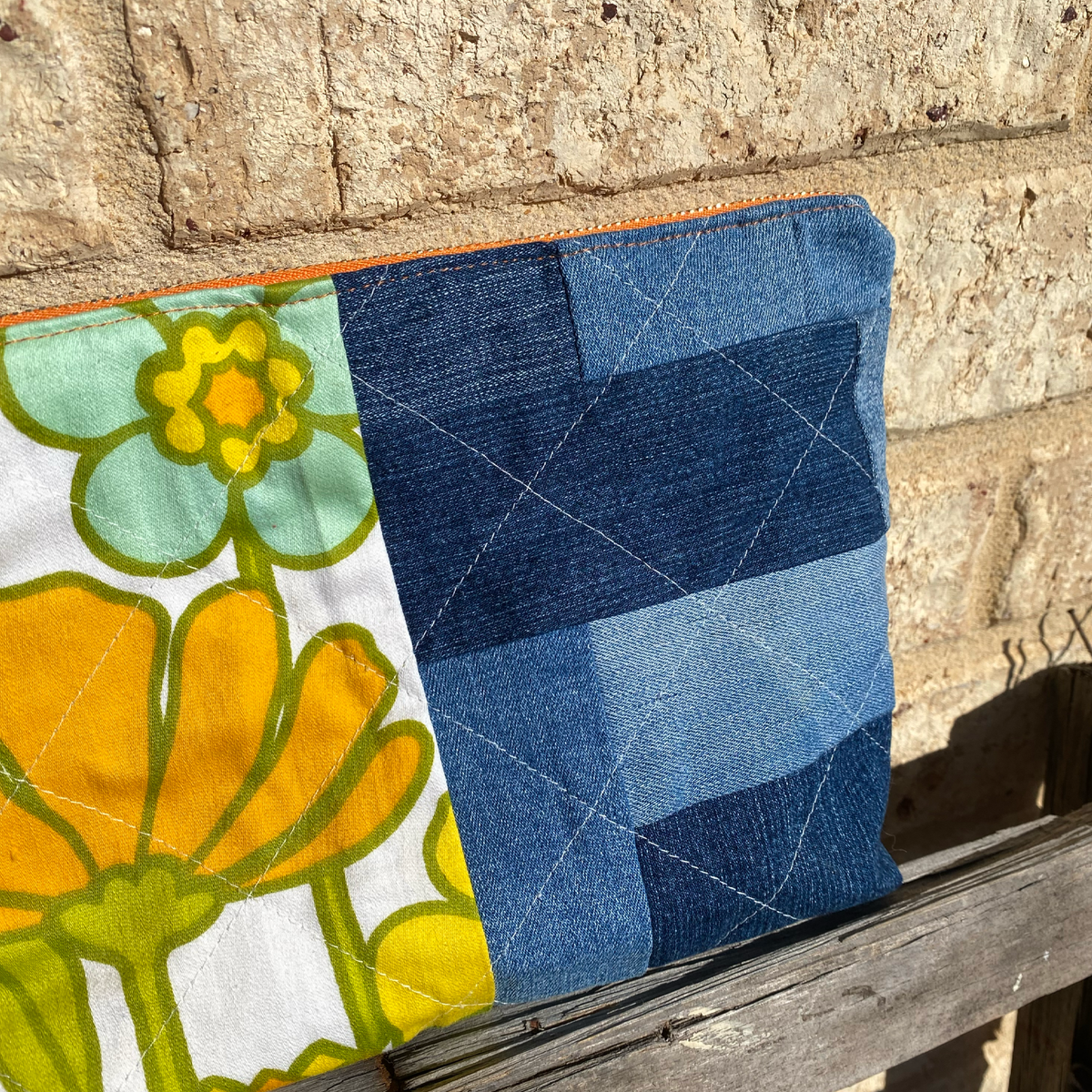 Handmade Pouch Cosmetic Bag Upcycled Vintage Retro - Orange Marigold