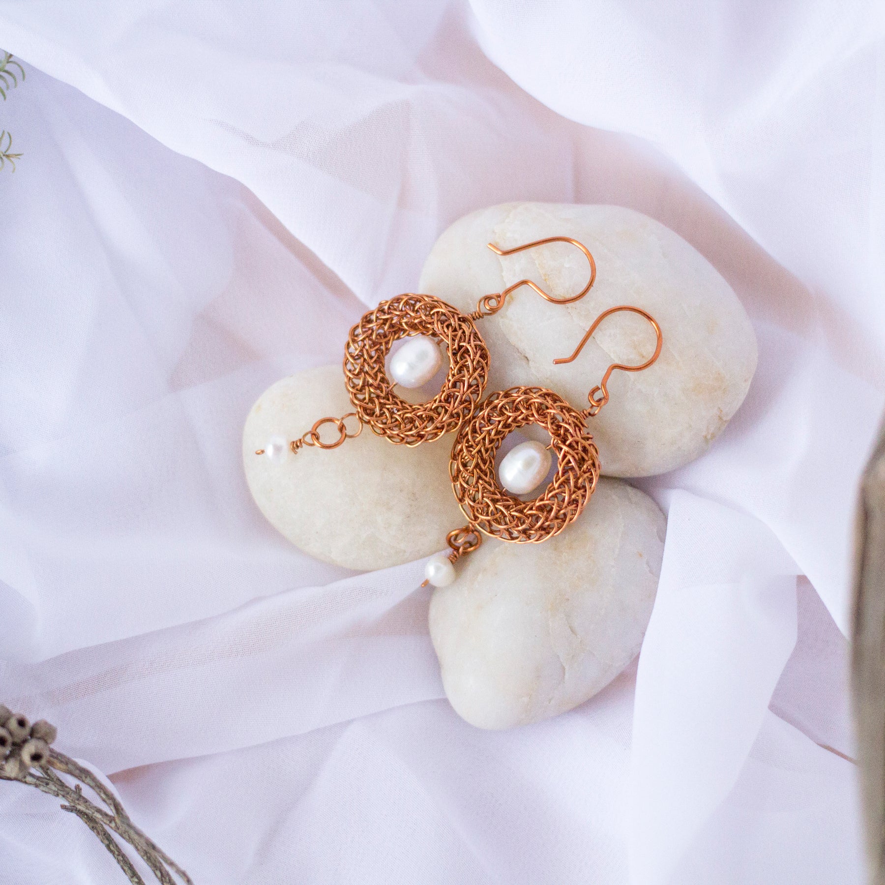 Copper Viking Wire Knit Earrings with Freshwater Pearls