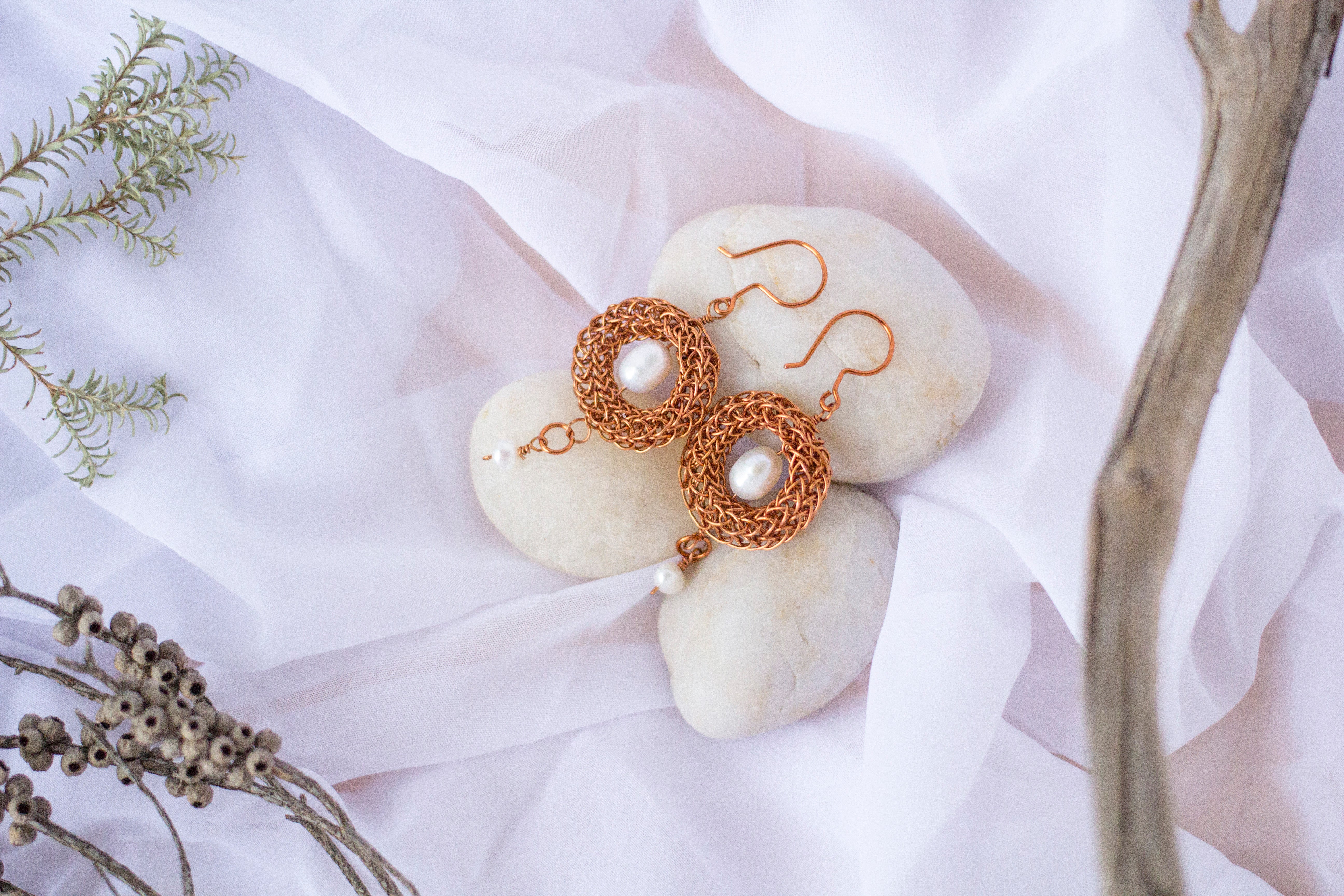 Copper Viking Wire Knit Earrings with Freshwater Pearls
