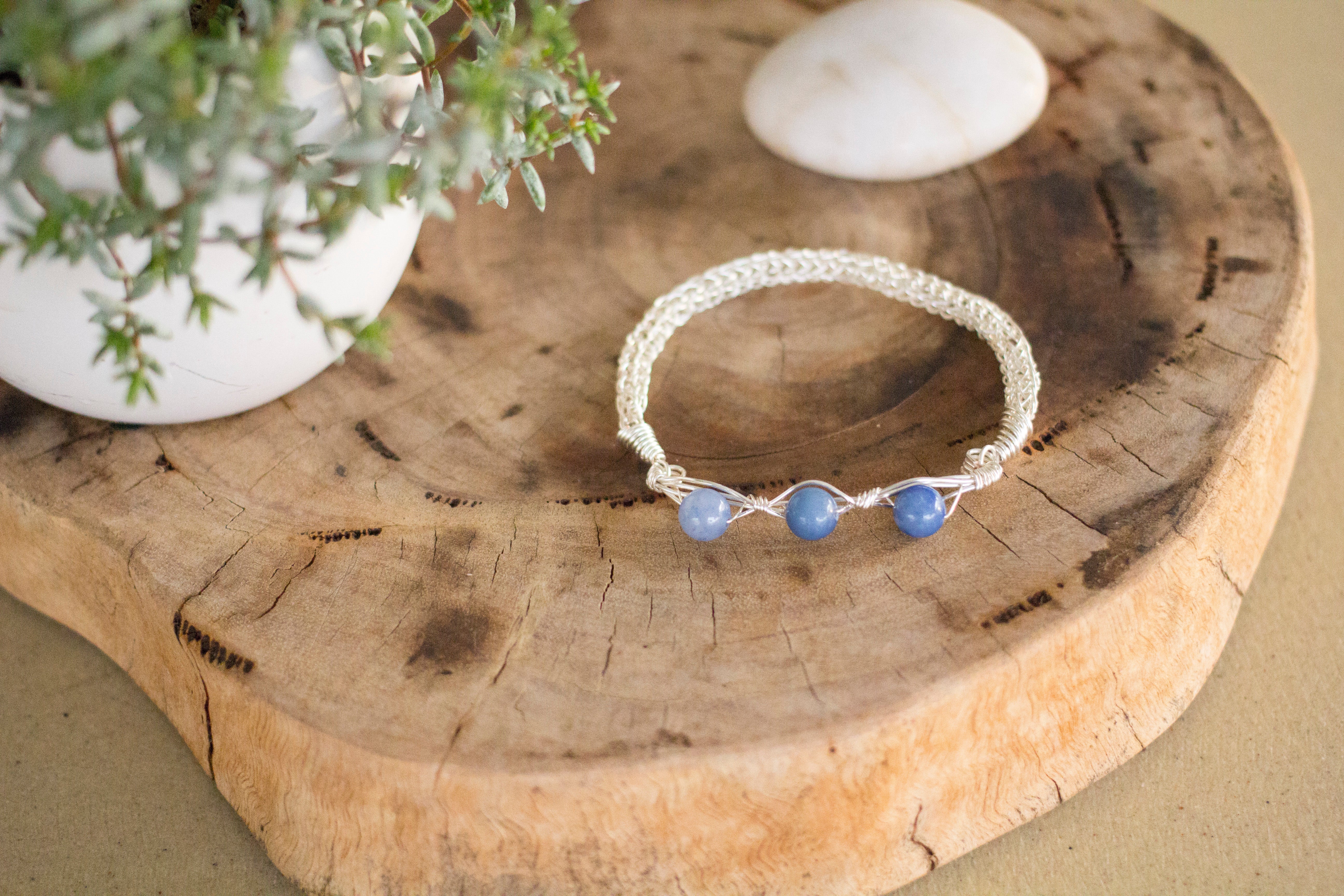 Blue Aventurine Silver Wire Knitted Bangle Bracelet