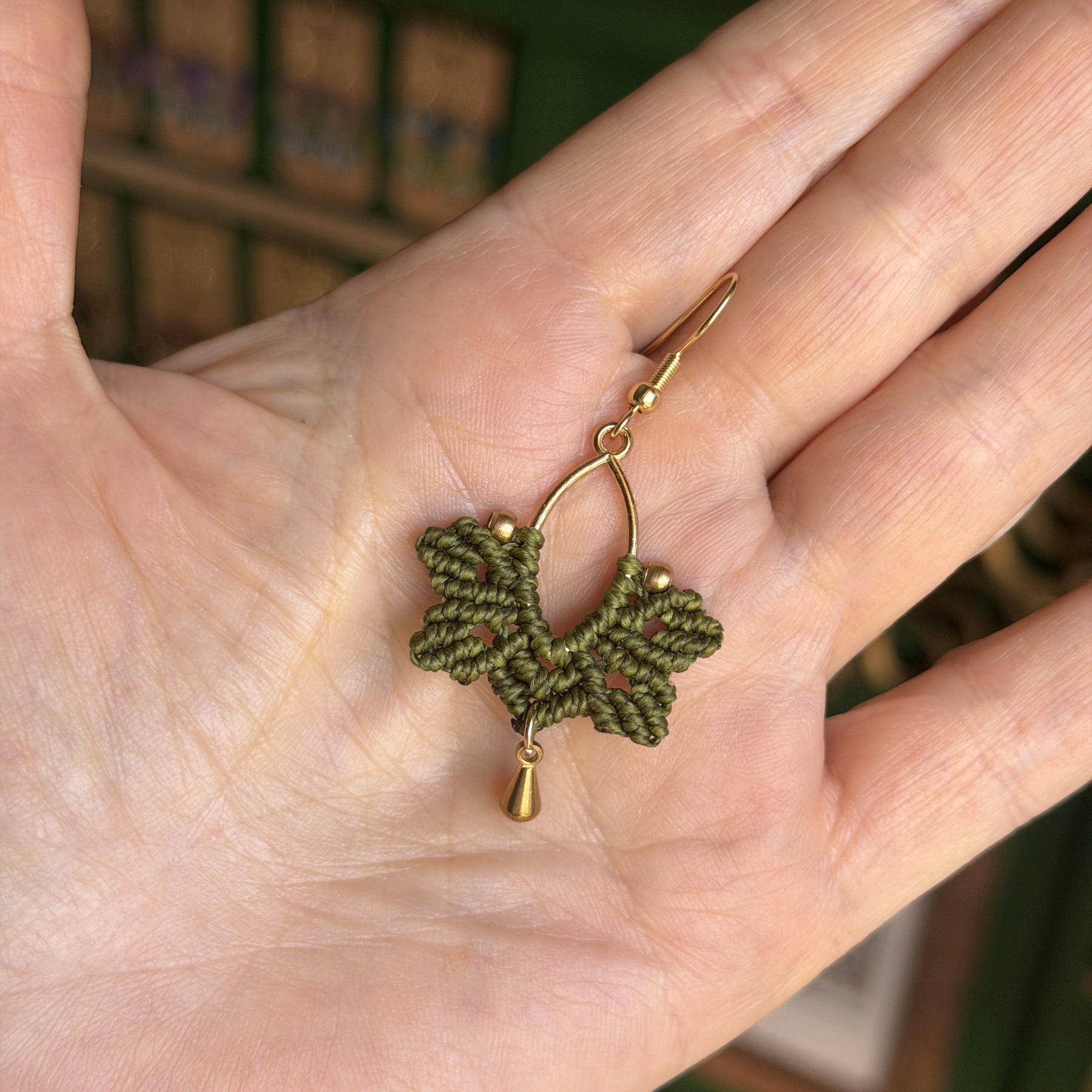 Macrame Brass Elipse Hoop with Leaf - earthy forest fae collection