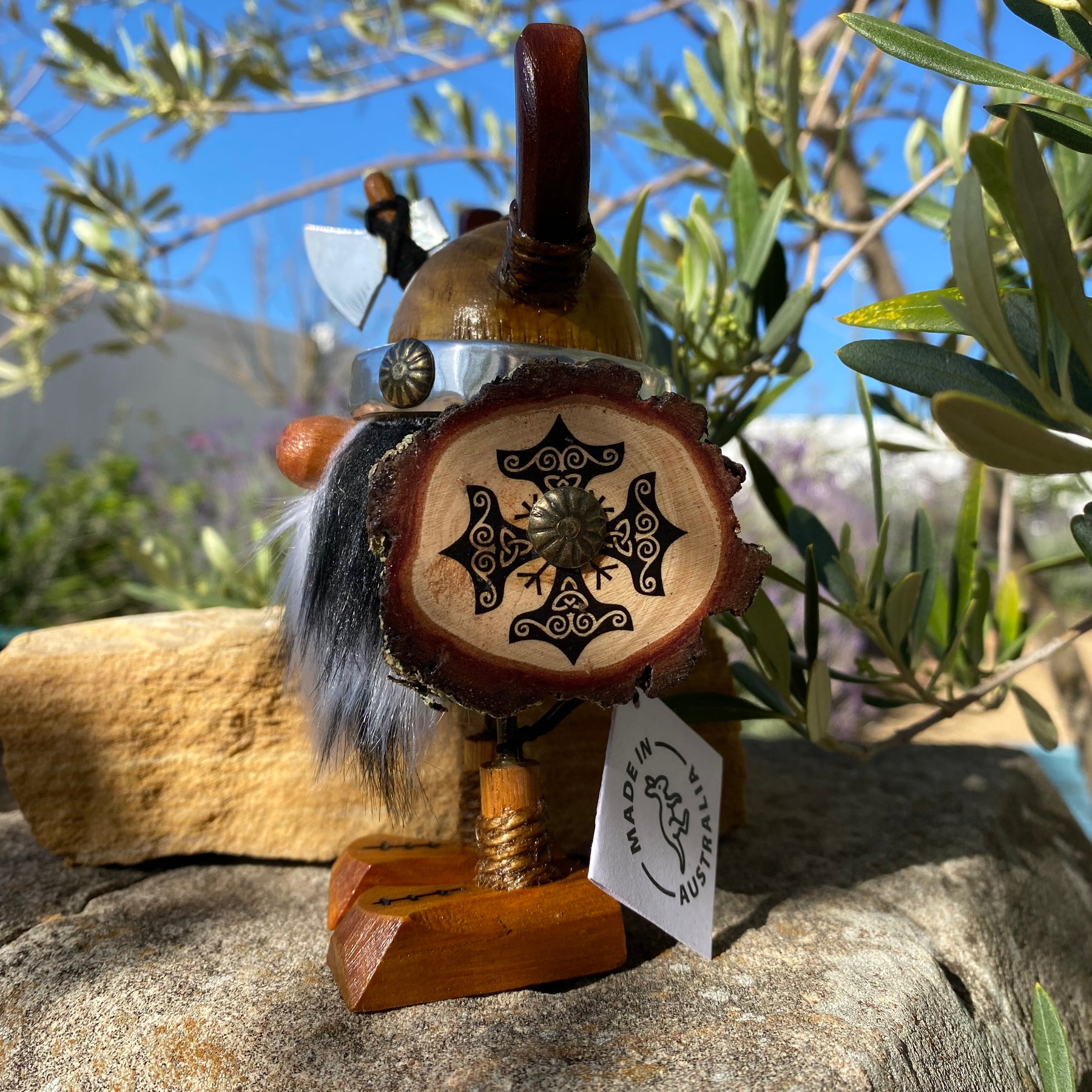 Handmade Wooden Viking Figure with Leopard Print Beard – Recycled Australian Timber Decor