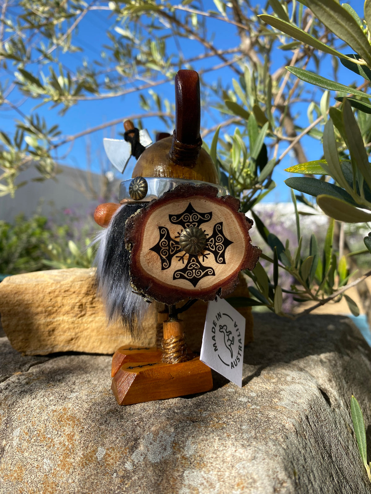 Handmade Wooden Viking Figure with Leopard Print Beard – Recycled Australian Timber Decor