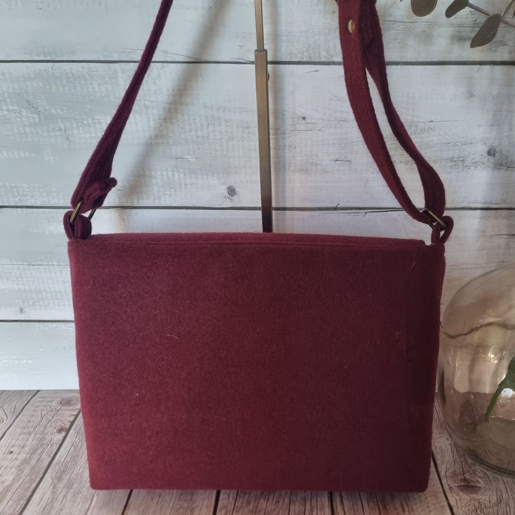 Upcycled assymetrical crossbody messenger bag - burgundy wool