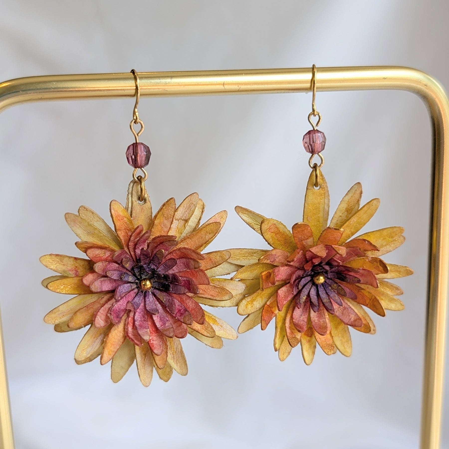 Chrysanthemum Flower Earrings – Handmade Watercolour Paper Earrings – Statement Floral Jewellery – Eco Friendly Gift Australia