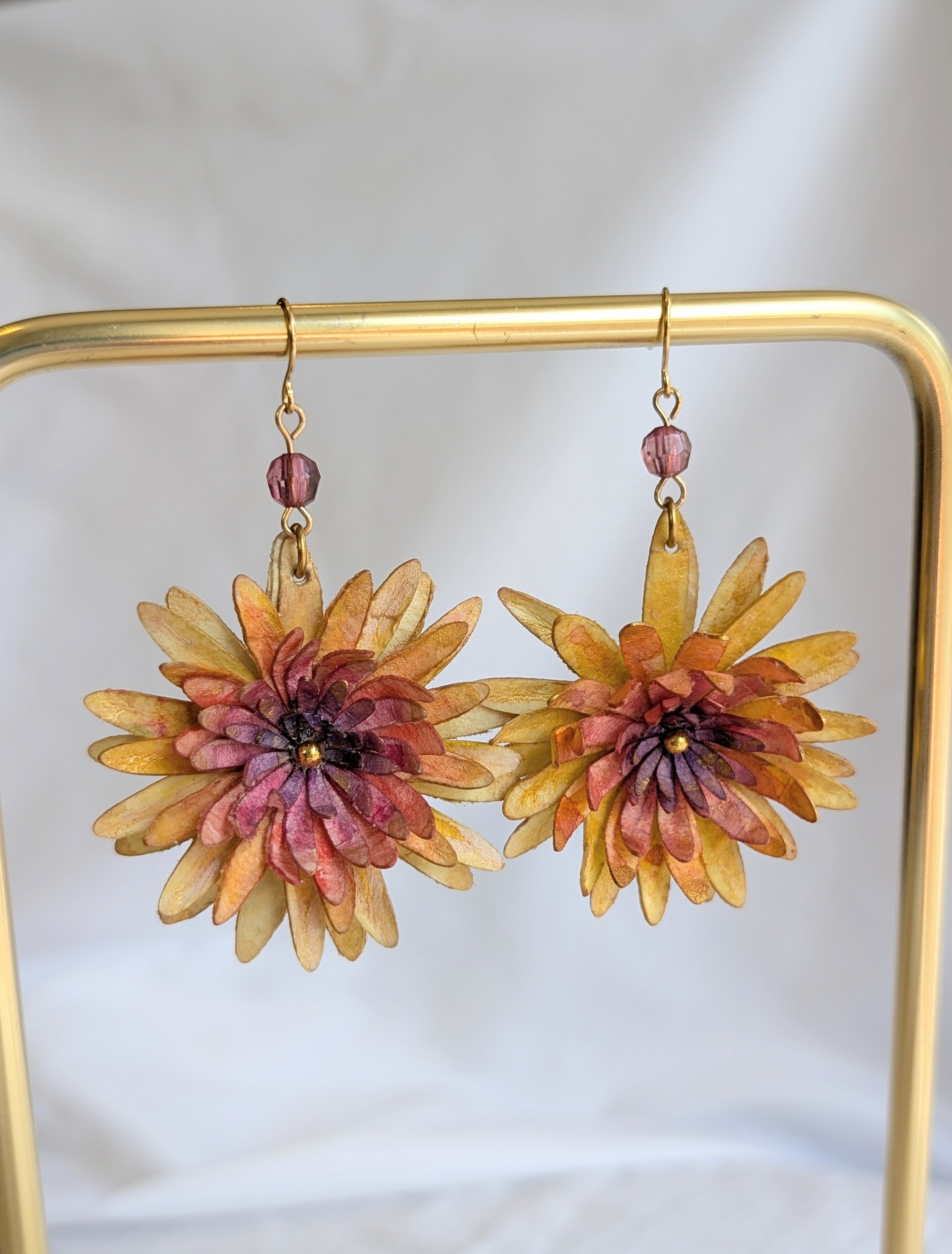 Chrysanthemum Flower Earrings – Handmade Watercolour Paper Earrings – Statement Floral Jewellery – Eco Friendly Gift Australia