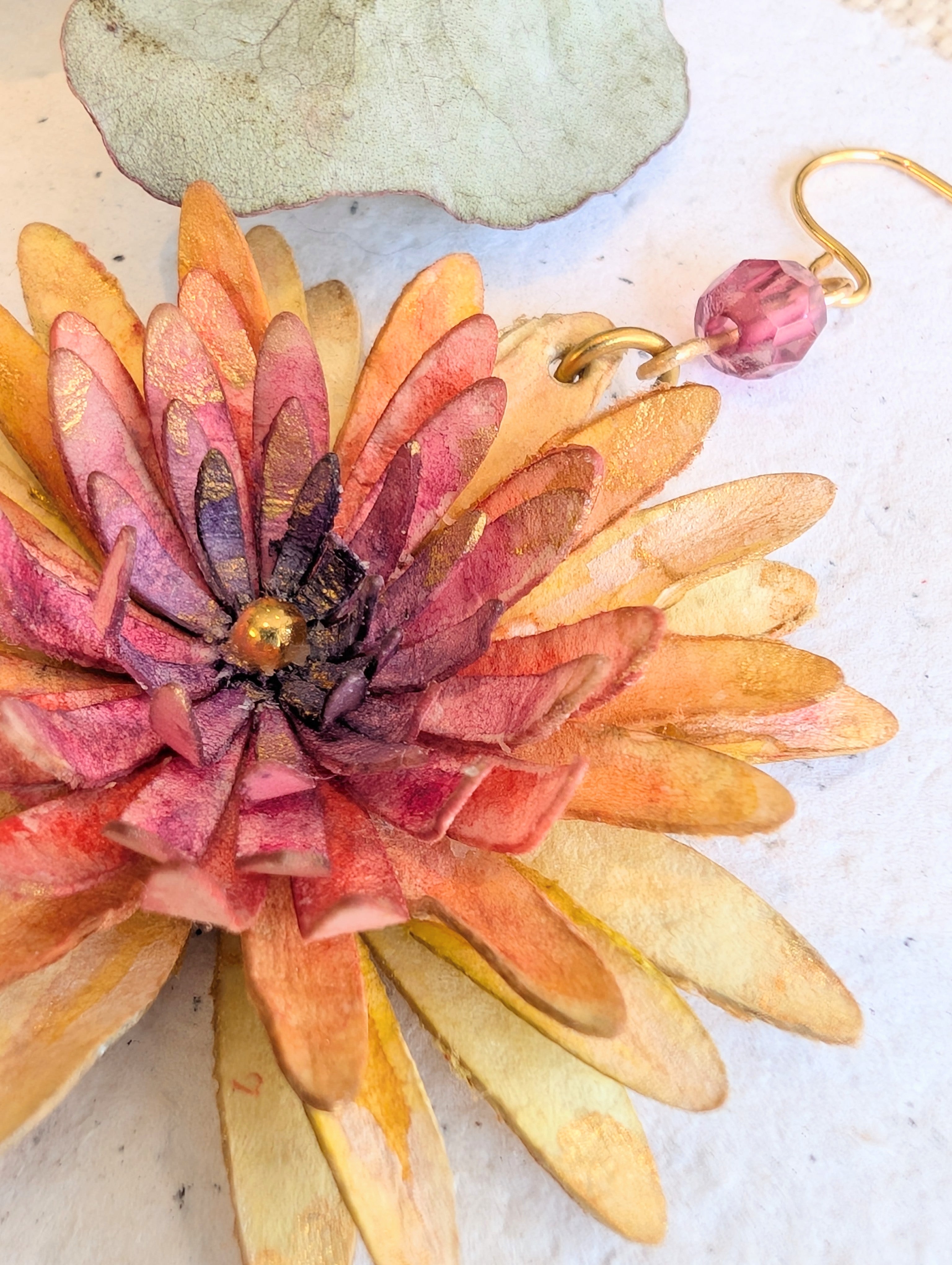 Chrysanthemum Flower Earrings – Handmade Watercolour Paper Earrings – Statement Floral Jewellery – Eco Friendly Gift Australia